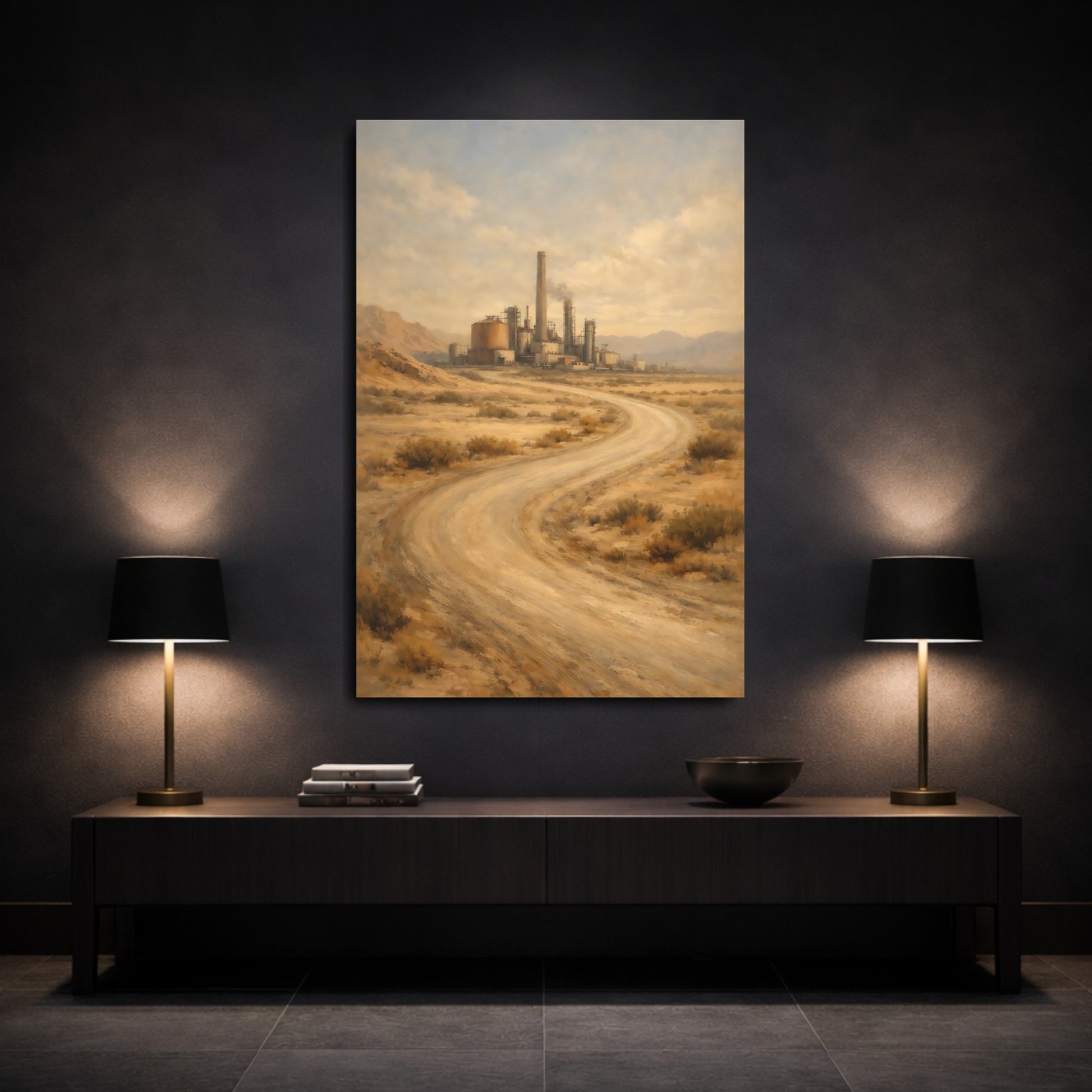 Mockup 2. Vintage Industrial Complex Desert Industrial Landscape shown as stretched canvas wall art