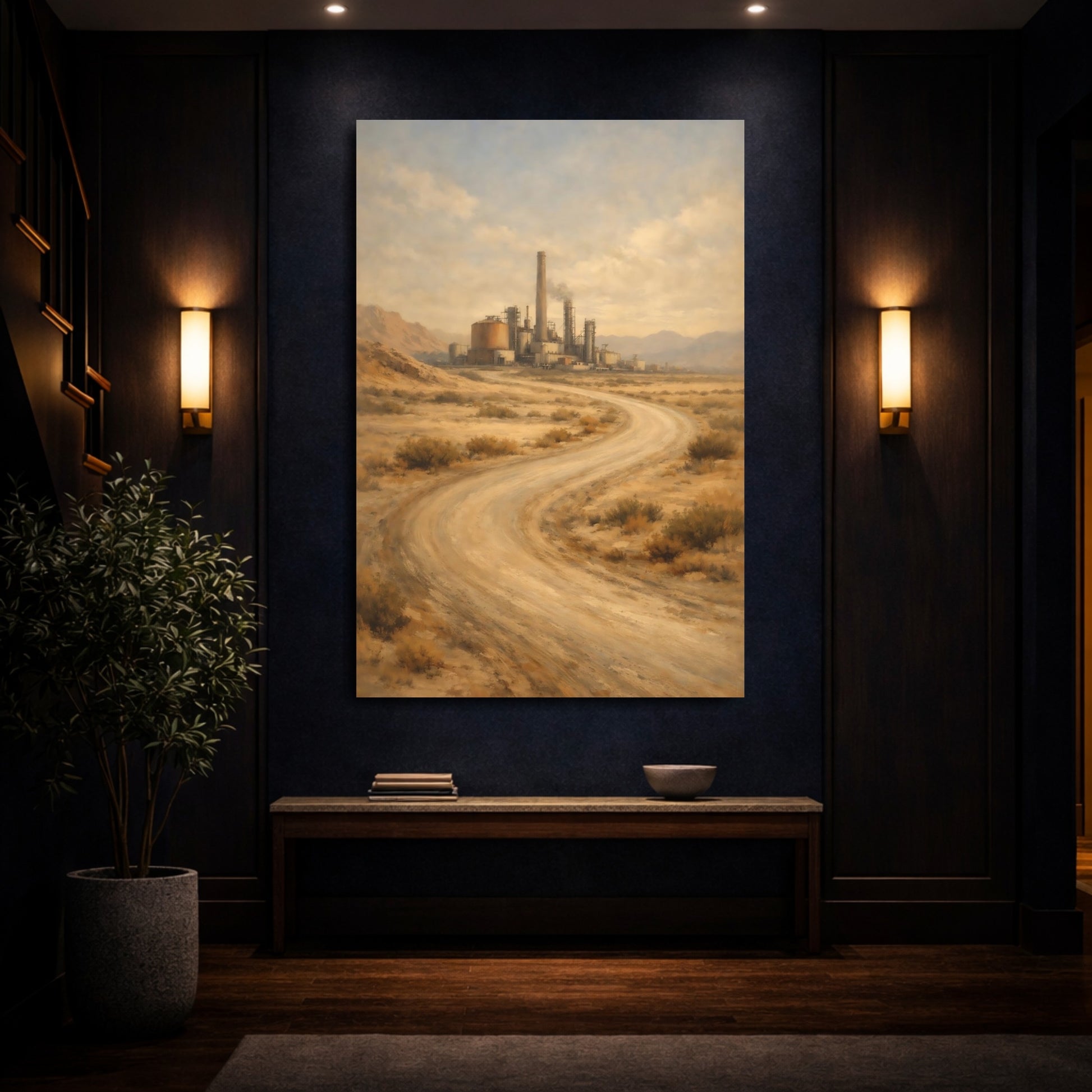 Mockup 3. Vintage Industrial Complex Desert Industrial Landscape shown as stretched canvas wall art