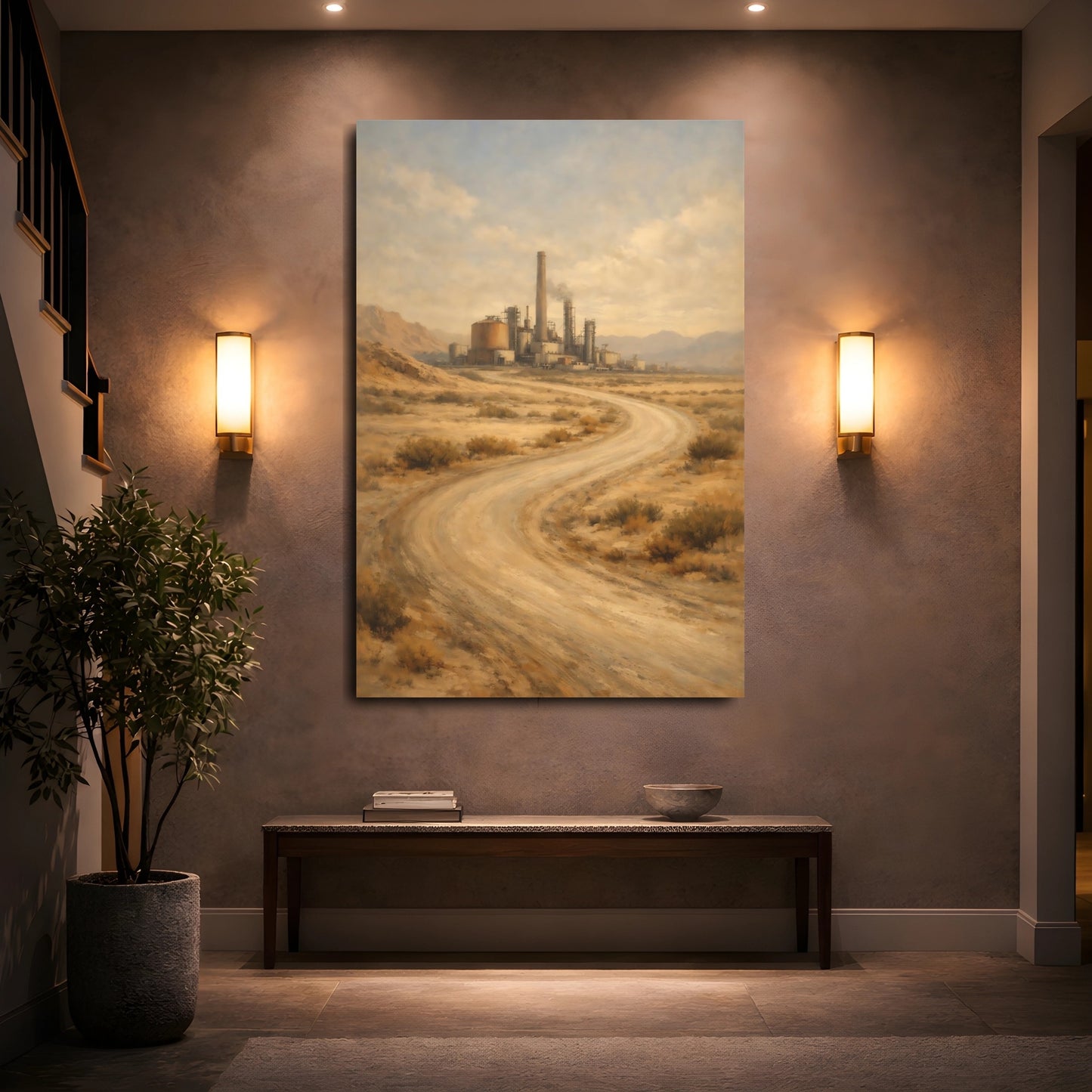 Mockup 4. Vintage Industrial Complex Desert Industrial Landscape shown as stretched canvas wall art