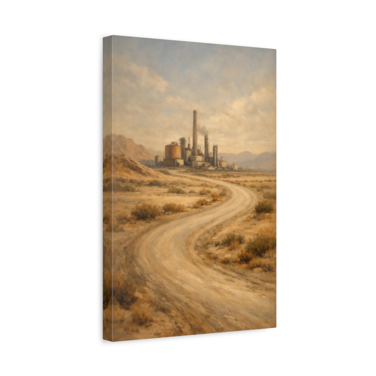Side Mockup 4. Vintage Industrial Complex Desert Industrial Landscape shown as stretched canvas wall art