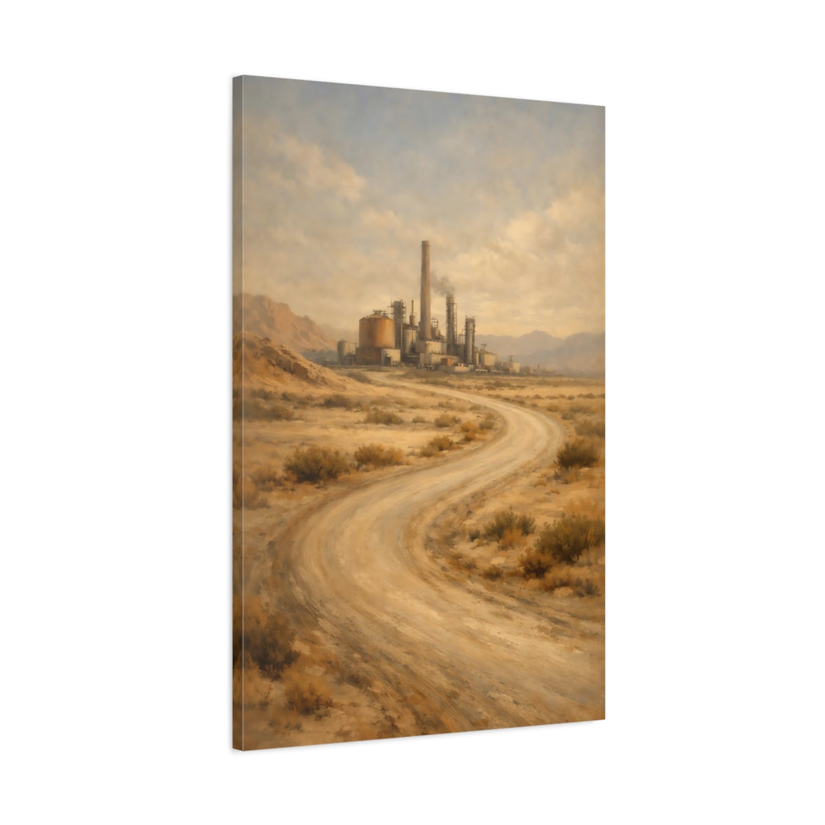 Side Mockup 1. Vintage Industrial Complex Desert Industrial Landscape shown as stretched canvas wall art