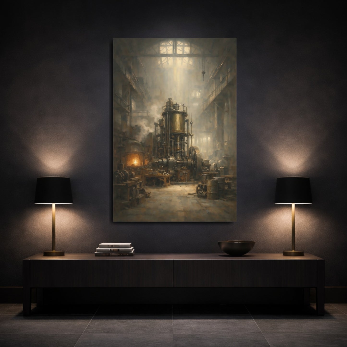 Mockup 2. Vintage Industrial Engine Industrial Steam Engine shown as stretched canvas wall art