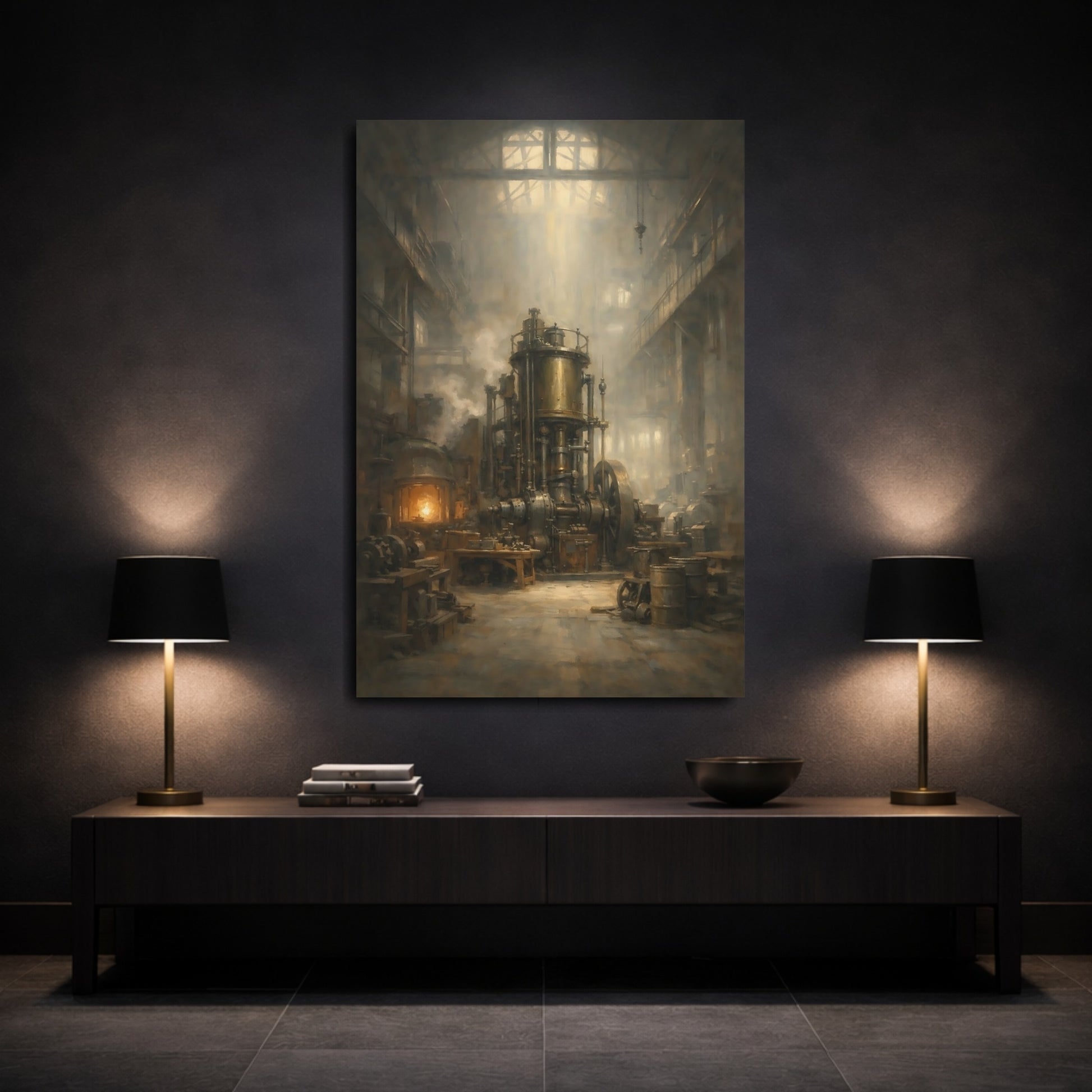 Mockup 2. Vintage Industrial Engine Industrial Steam Engine shown as stretched canvas wall art