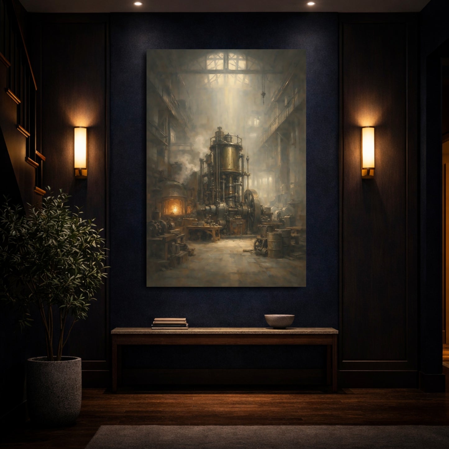 Mockup 3. Vintage Industrial Engine Industrial Steam Engine shown as stretched canvas wall art