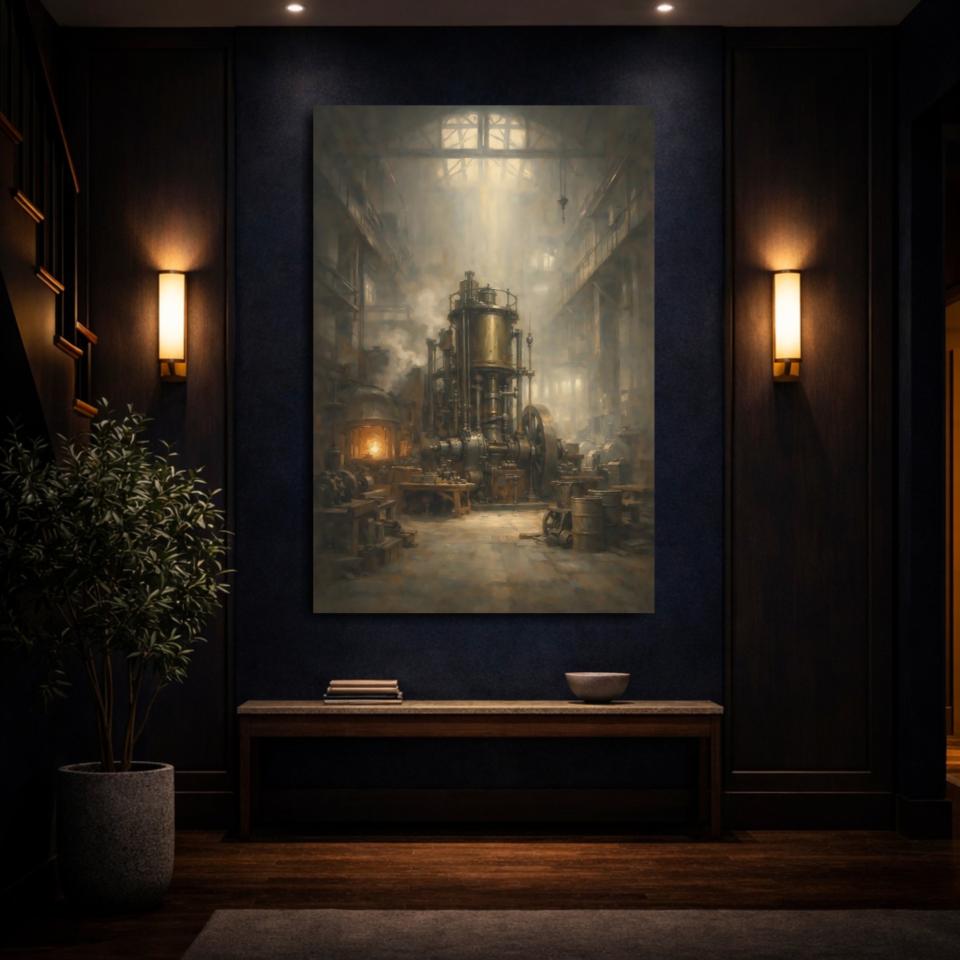 Mockup 3. Vintage Industrial Engine Industrial Steam Engine shown as stretched canvas wall art
