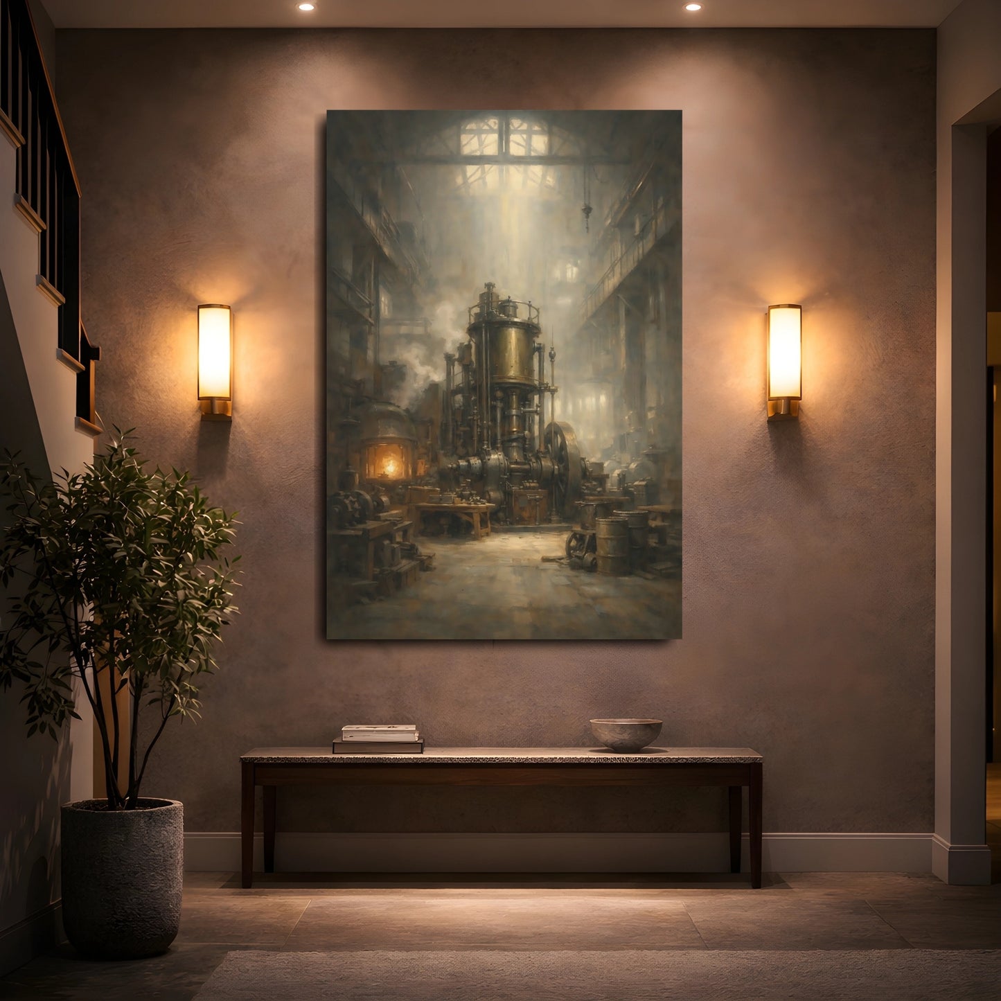Mockup 4. Vintage Industrial Engine Industrial Steam Engine shown as stretched canvas wall art
