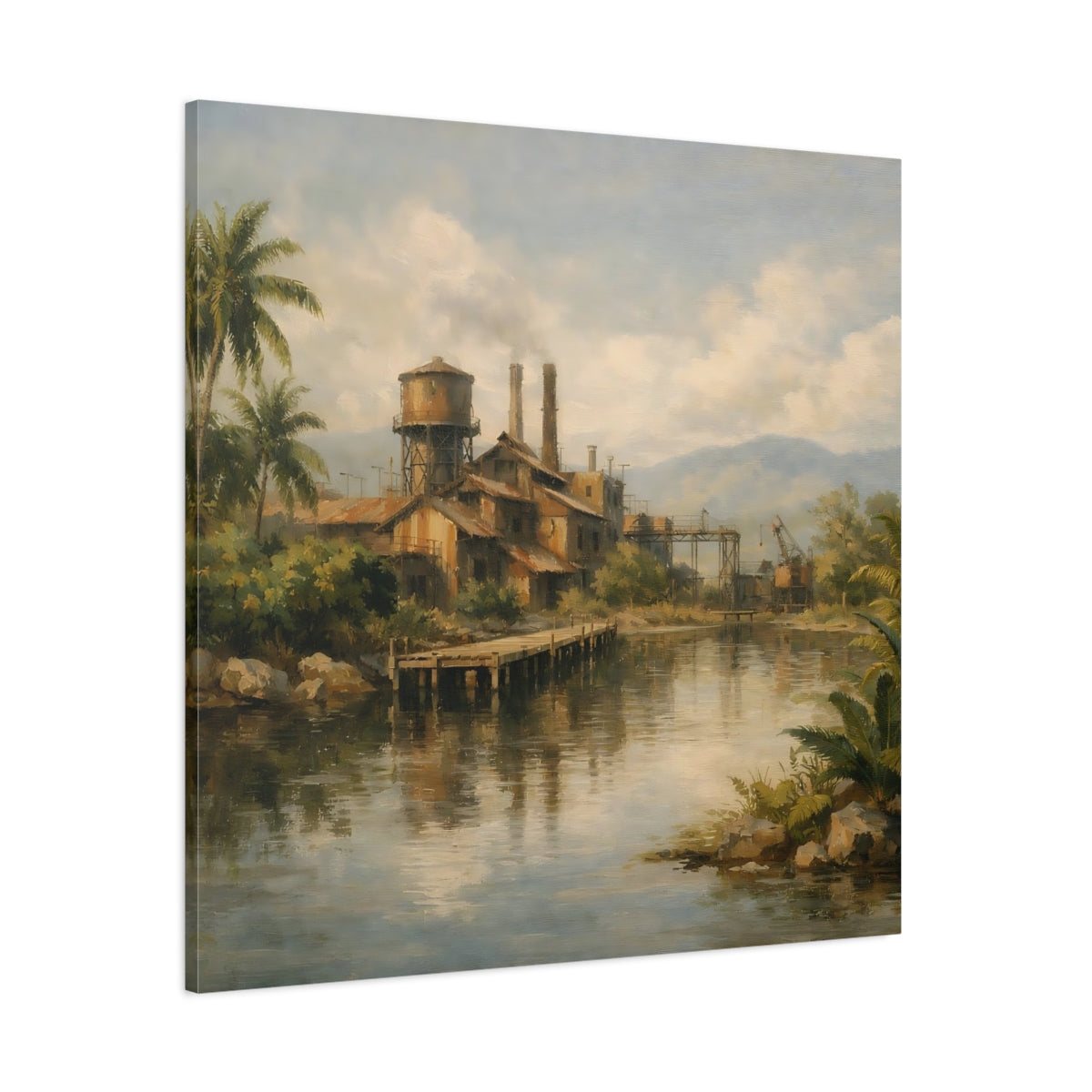 Main Mockup. Vintage Industrial Factory Tropical Factory Landscape shown as stretched canvas wall art