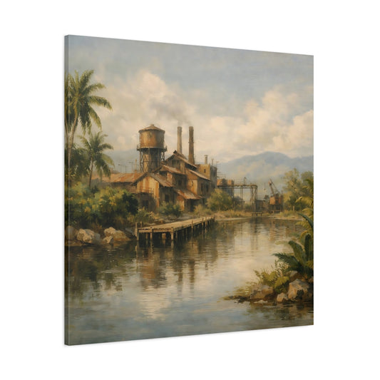 Main Mockup. Vintage Industrial Factory Tropical Factory Landscape shown as stretched canvas wall art