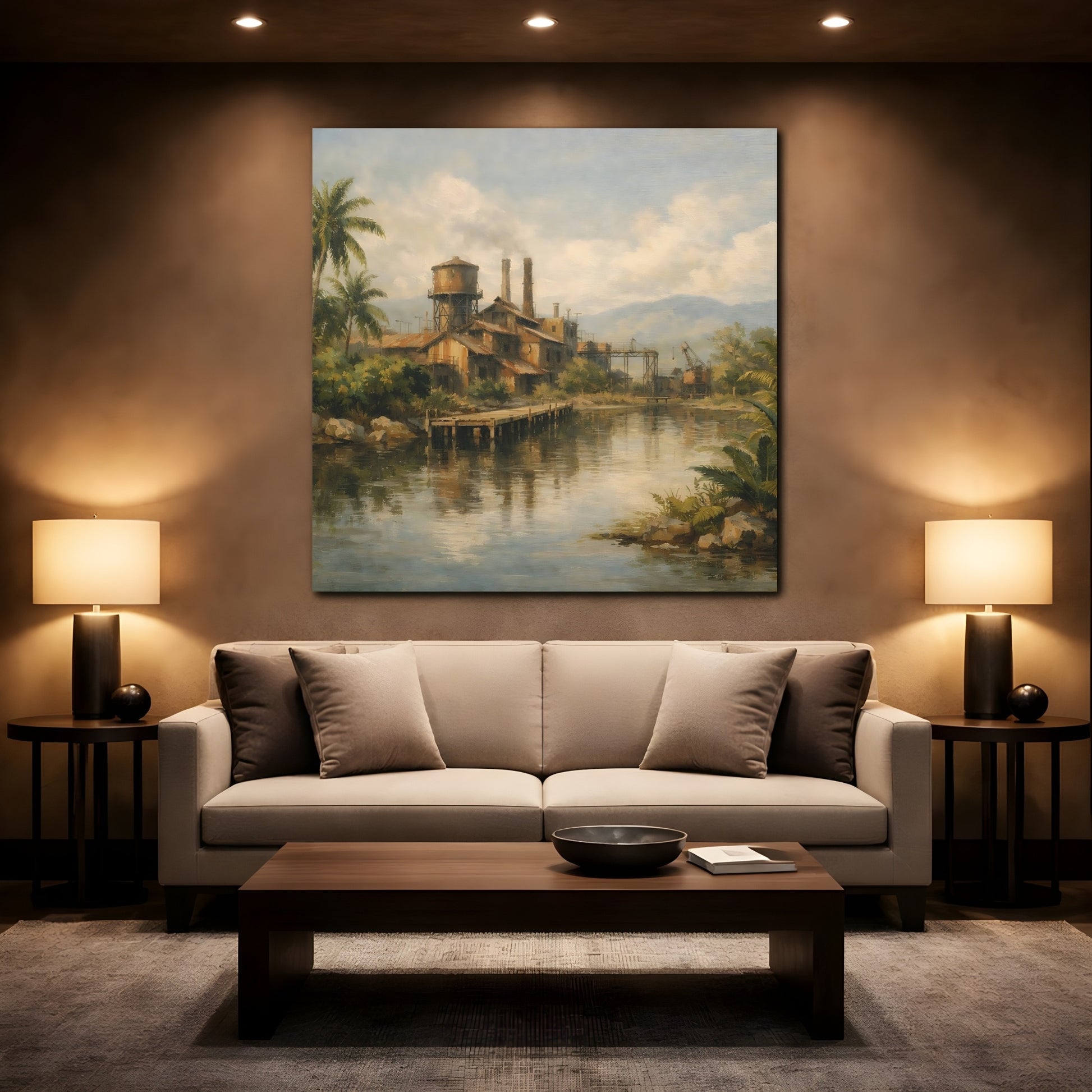 Mockup 2. Vintage Industrial Factory Tropical Factory Landscape shown as stretched canvas wall art