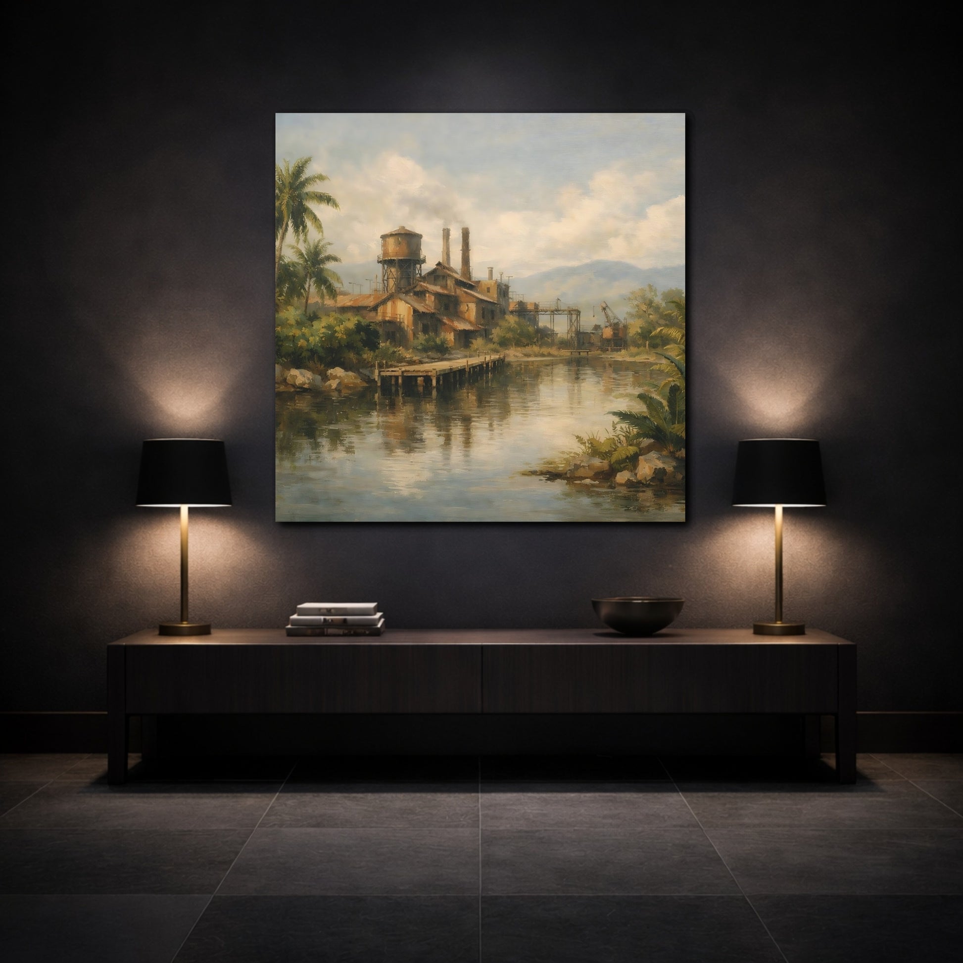 Mockup 3. Vintage Industrial Factory Tropical Factory Landscape shown as stretched canvas wall art