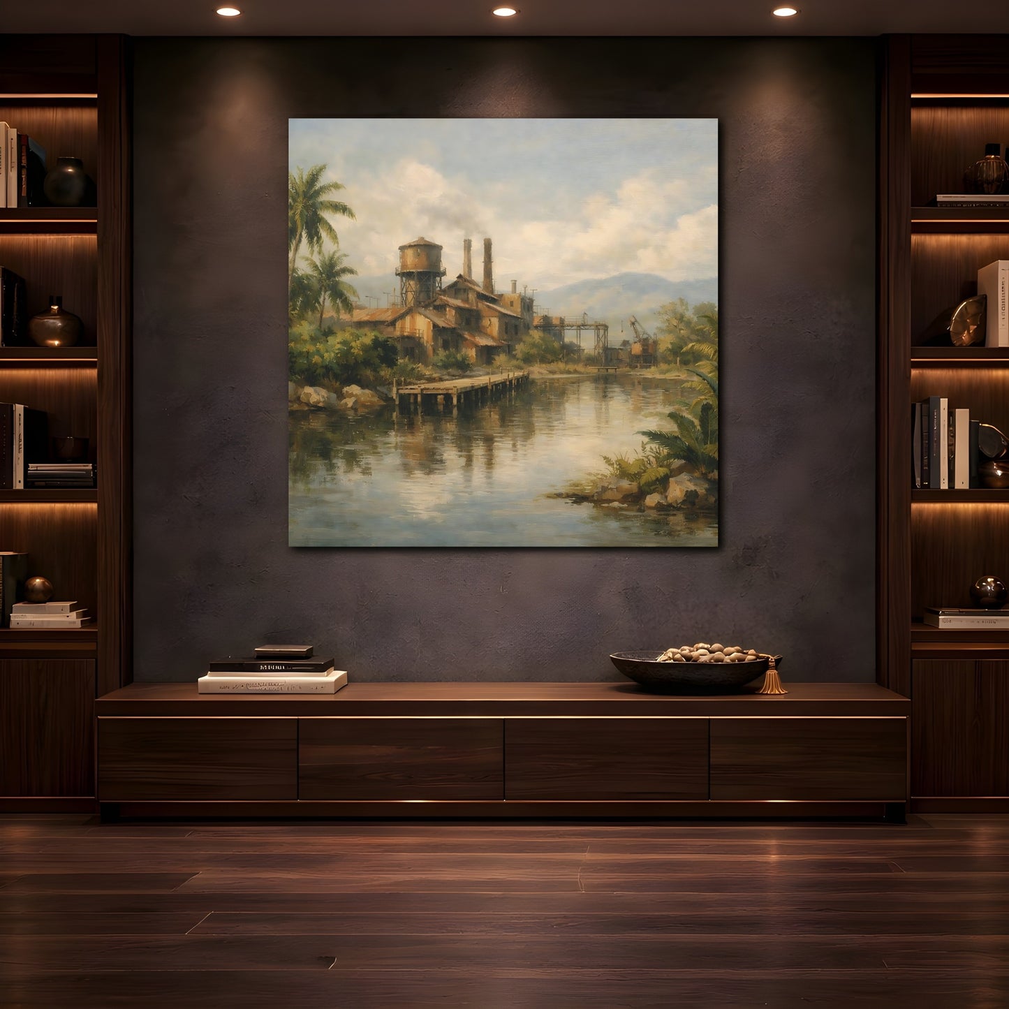 Mockup 4. Vintage Industrial Factory Tropical Factory Landscape shown as stretched canvas wall art