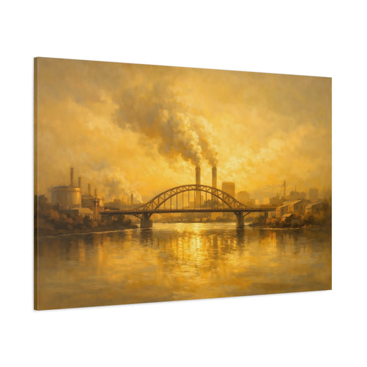 Main Mockup. Vintage Industrial Landscape Golden Industrial Scene shown as stretched canvas wall art