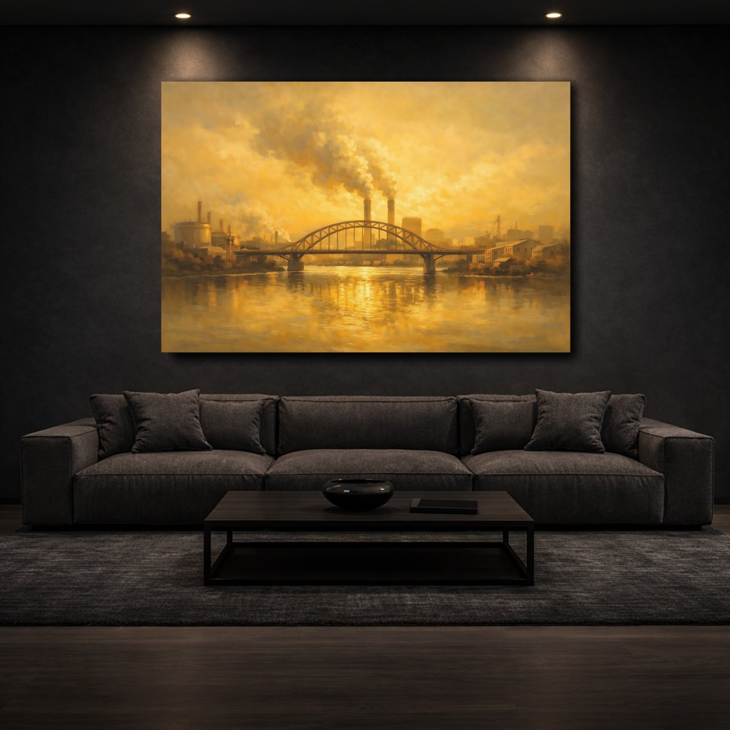Mockup 2. Vintage Industrial Landscape Golden Industrial Scene shown as stretched canvas wall art