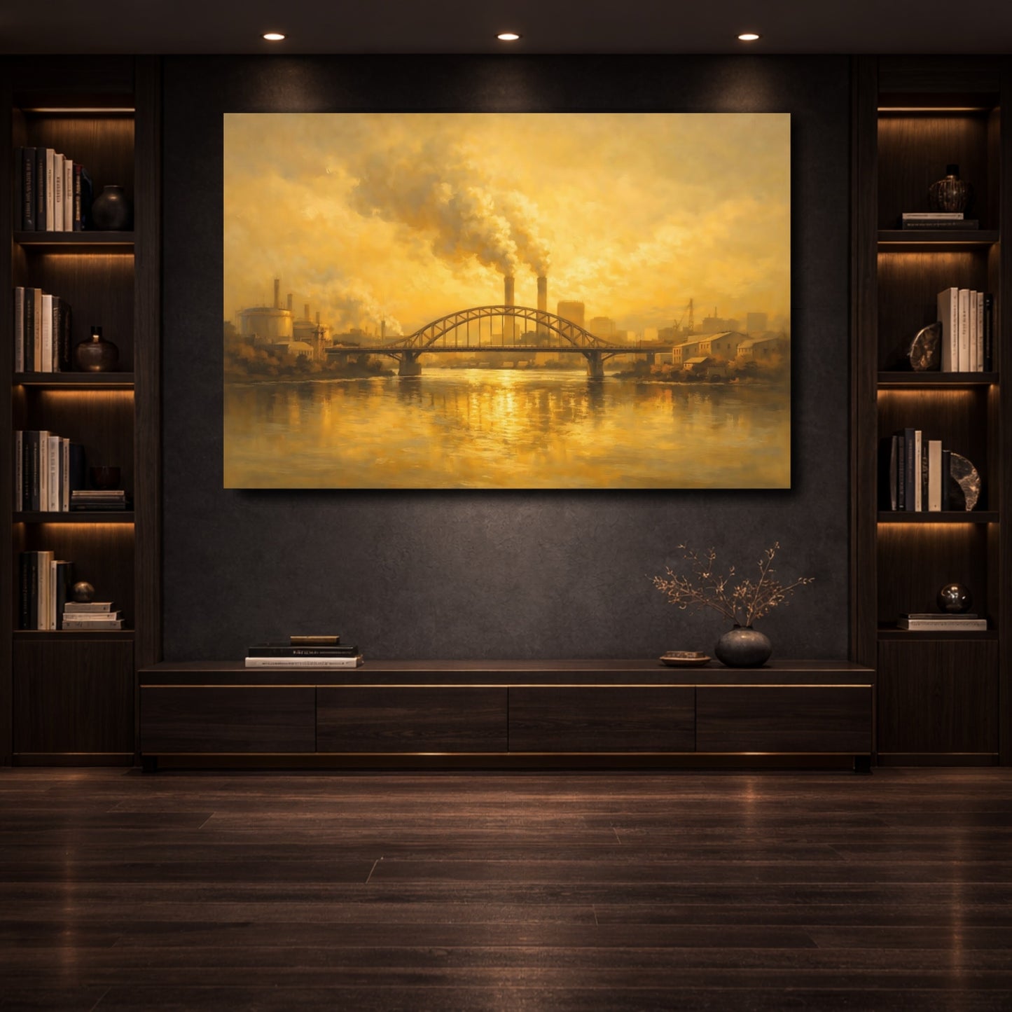 Mockup 3. Vintage Industrial Landscape Golden Industrial Scene shown as stretched canvas wall art