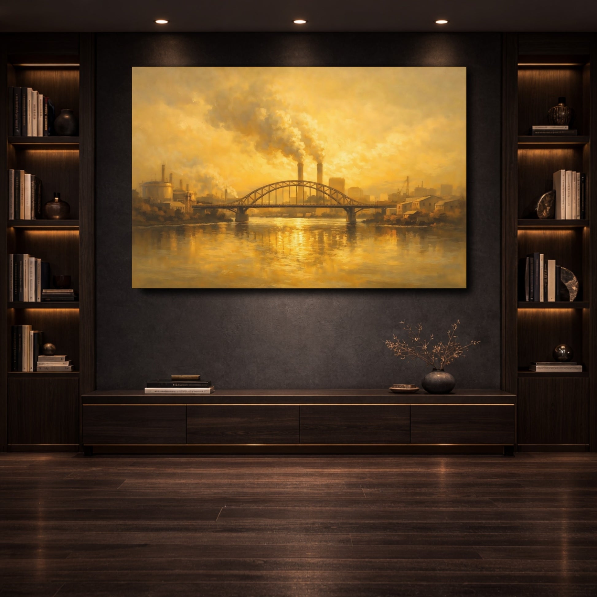 Mockup 3. Vintage Industrial Landscape Golden Industrial Scene shown as stretched canvas wall art