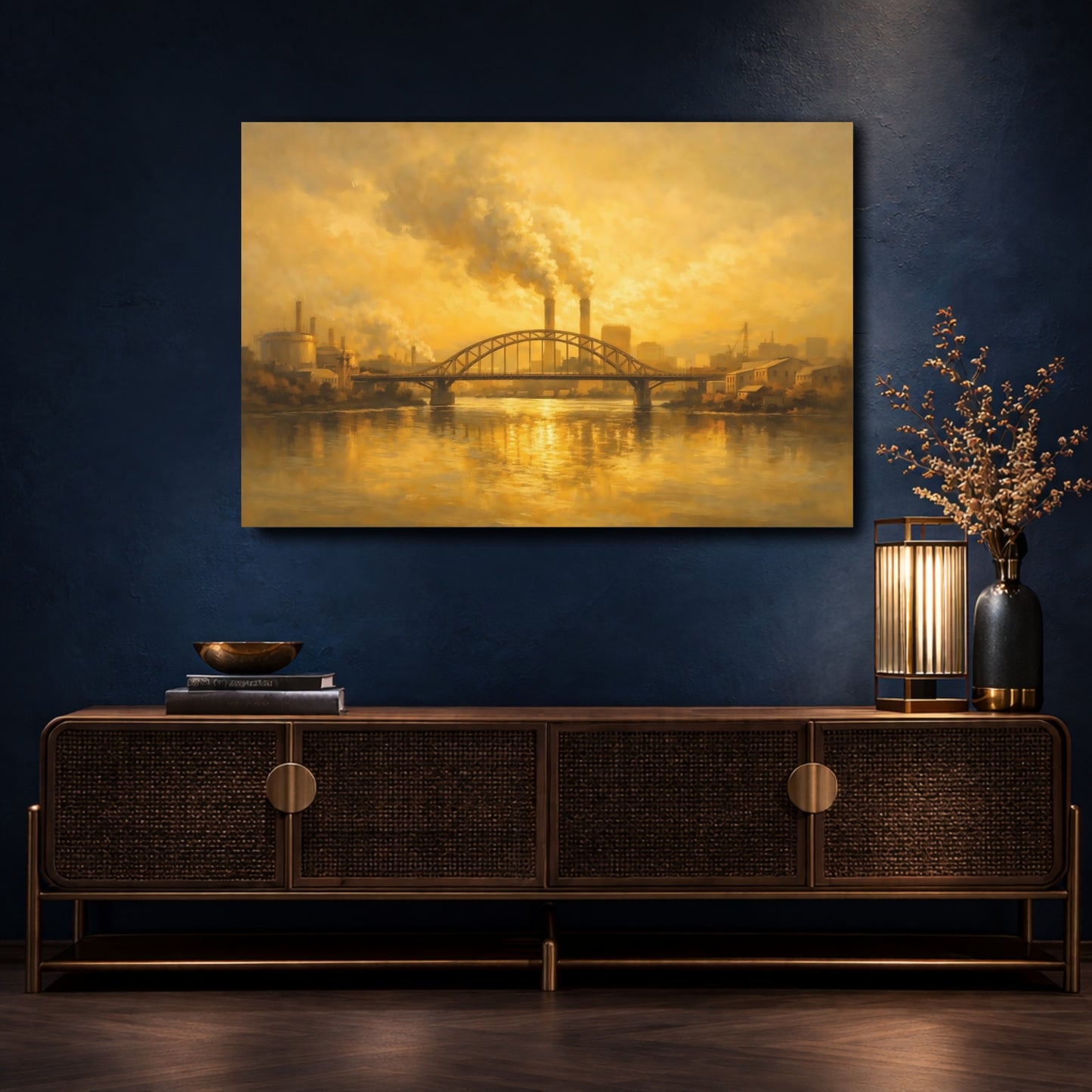Mockup 4. Vintage Industrial Landscape Golden Industrial Scene shown as stretched canvas wall art