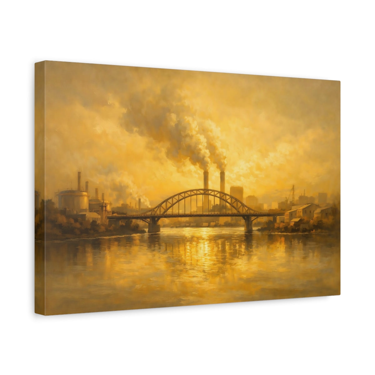 Side Mockup 4. Vintage Industrial Landscape Golden Industrial Scene shown as stretched canvas wall art