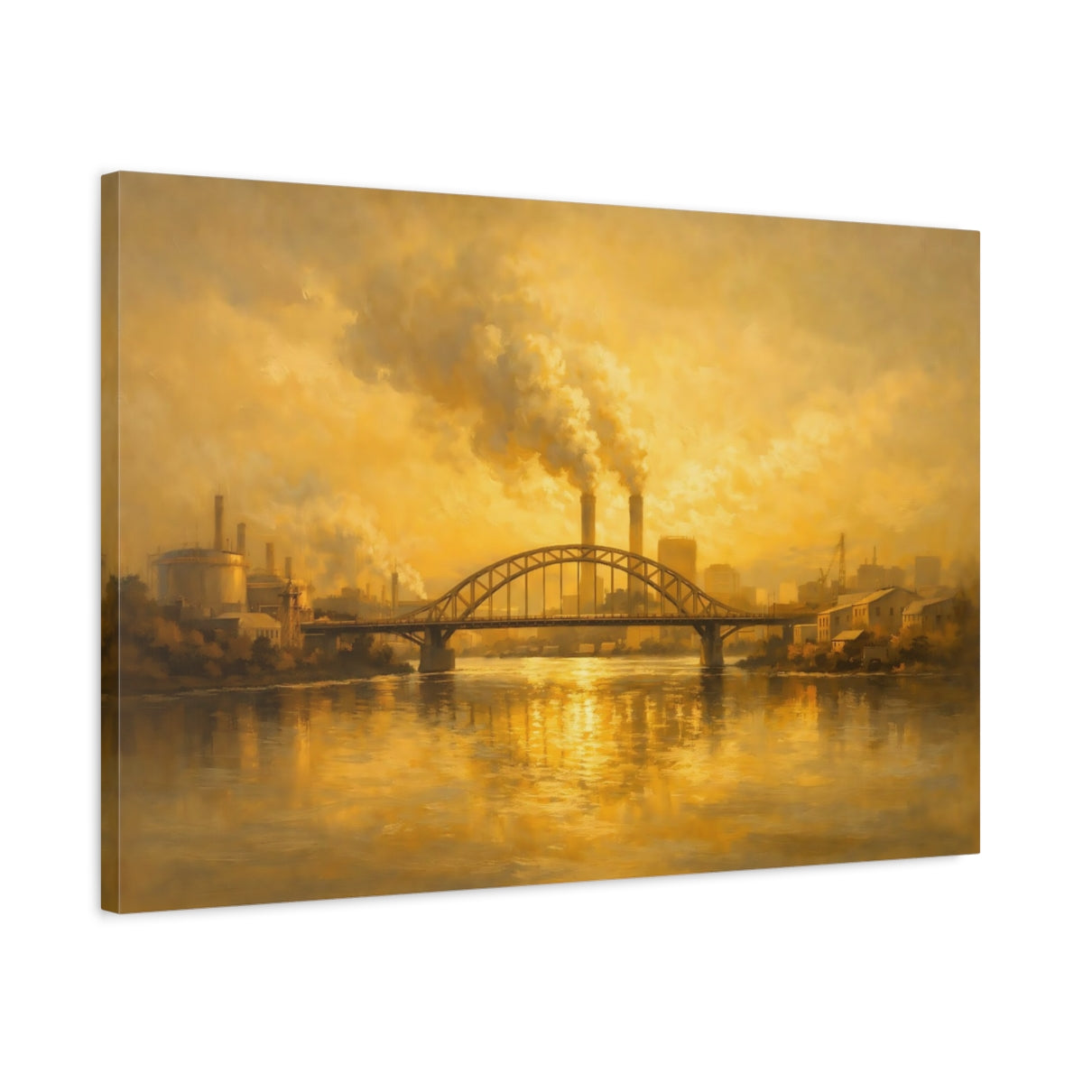 Side Mockup 2. Vintage Industrial Landscape Golden Industrial Scene shown as stretched canvas wall art
