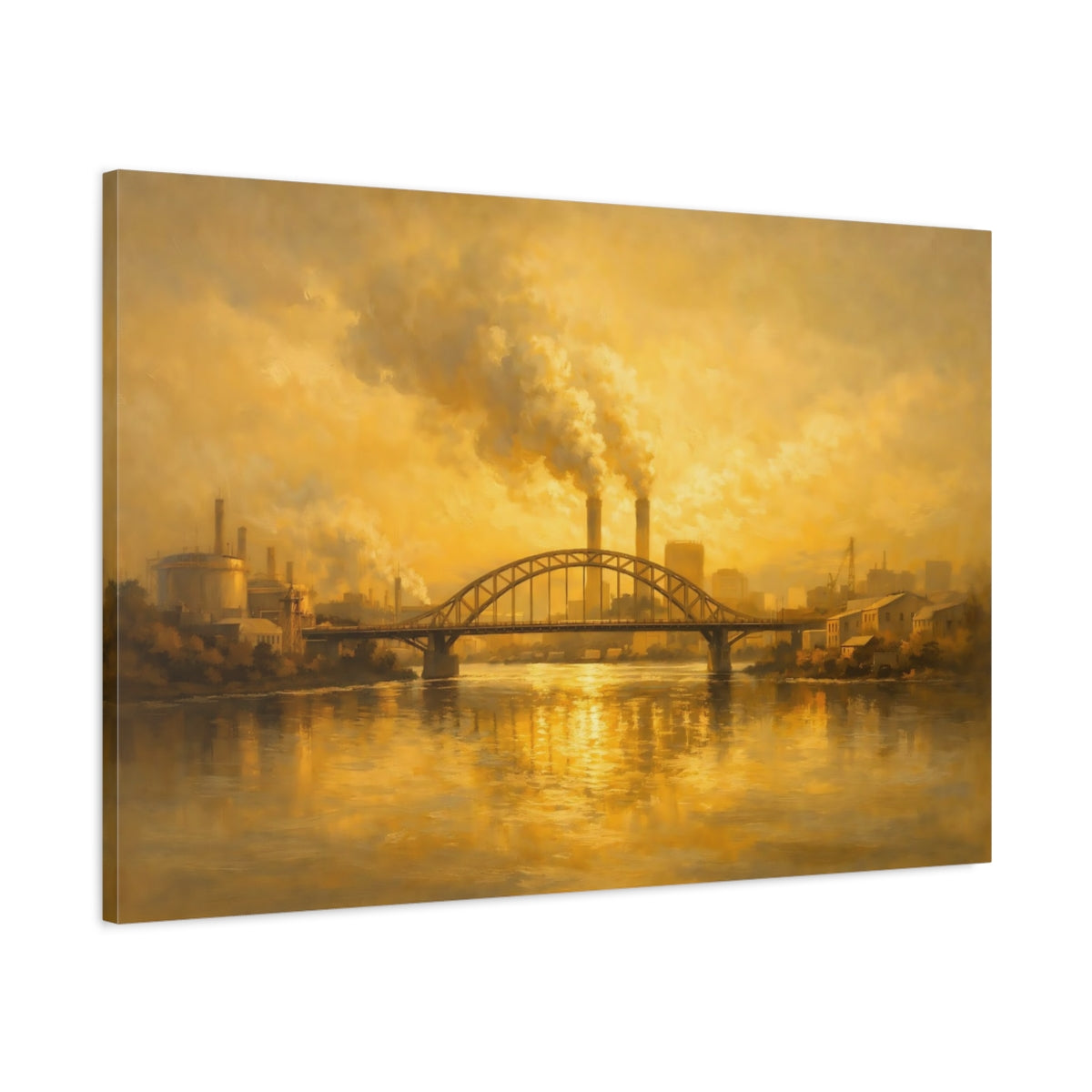 Side Mockup 1. Vintage Industrial Landscape Golden Industrial Scene shown as stretched canvas wall art