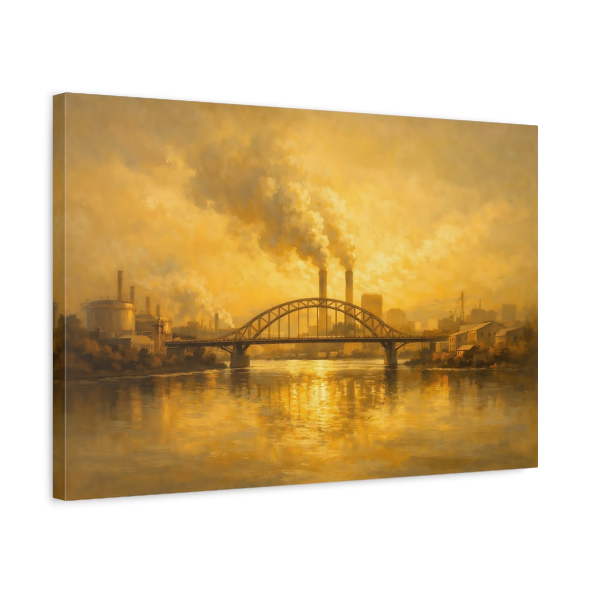Side Mockup 3. Vintage Industrial Landscape Golden Industrial Scene shown as stretched canvas wall art
