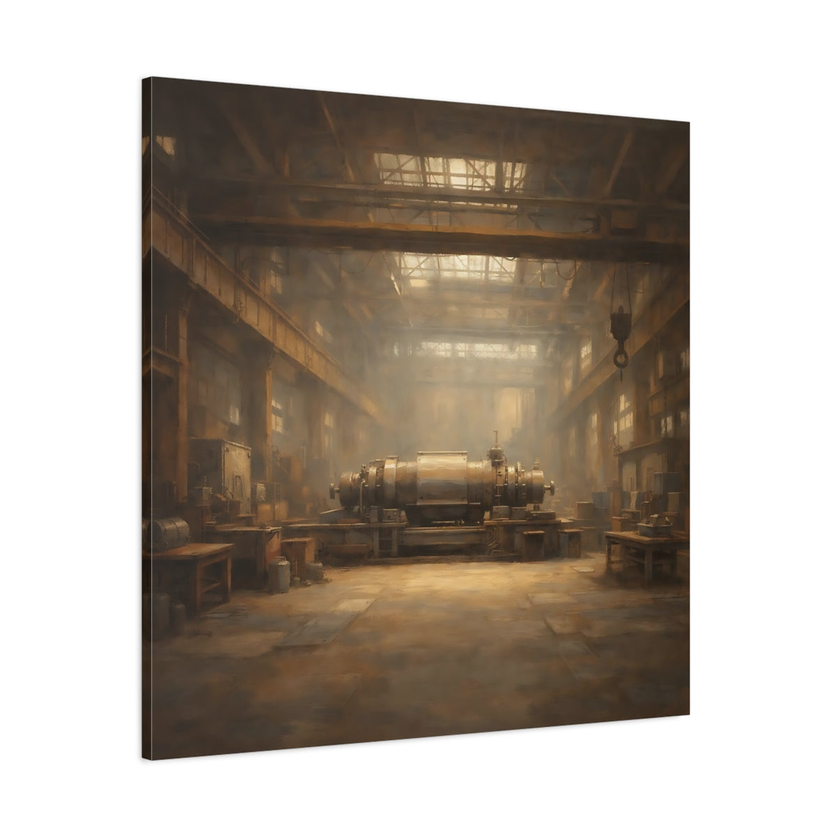 Main Mockup. Vintage Industrial Machinery Brown And Gold shown as stretched canvas wall art