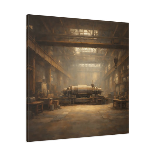 Main Mockup. Vintage Industrial Machinery Brown And Gold shown as stretched canvas wall art