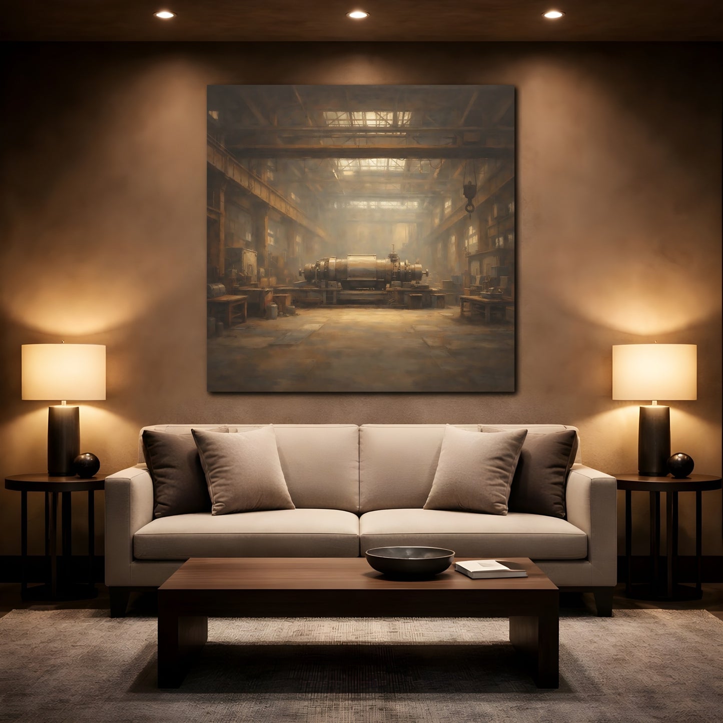 Mockup 2. Vintage Industrial Machinery Brown And Gold shown as stretched canvas wall art