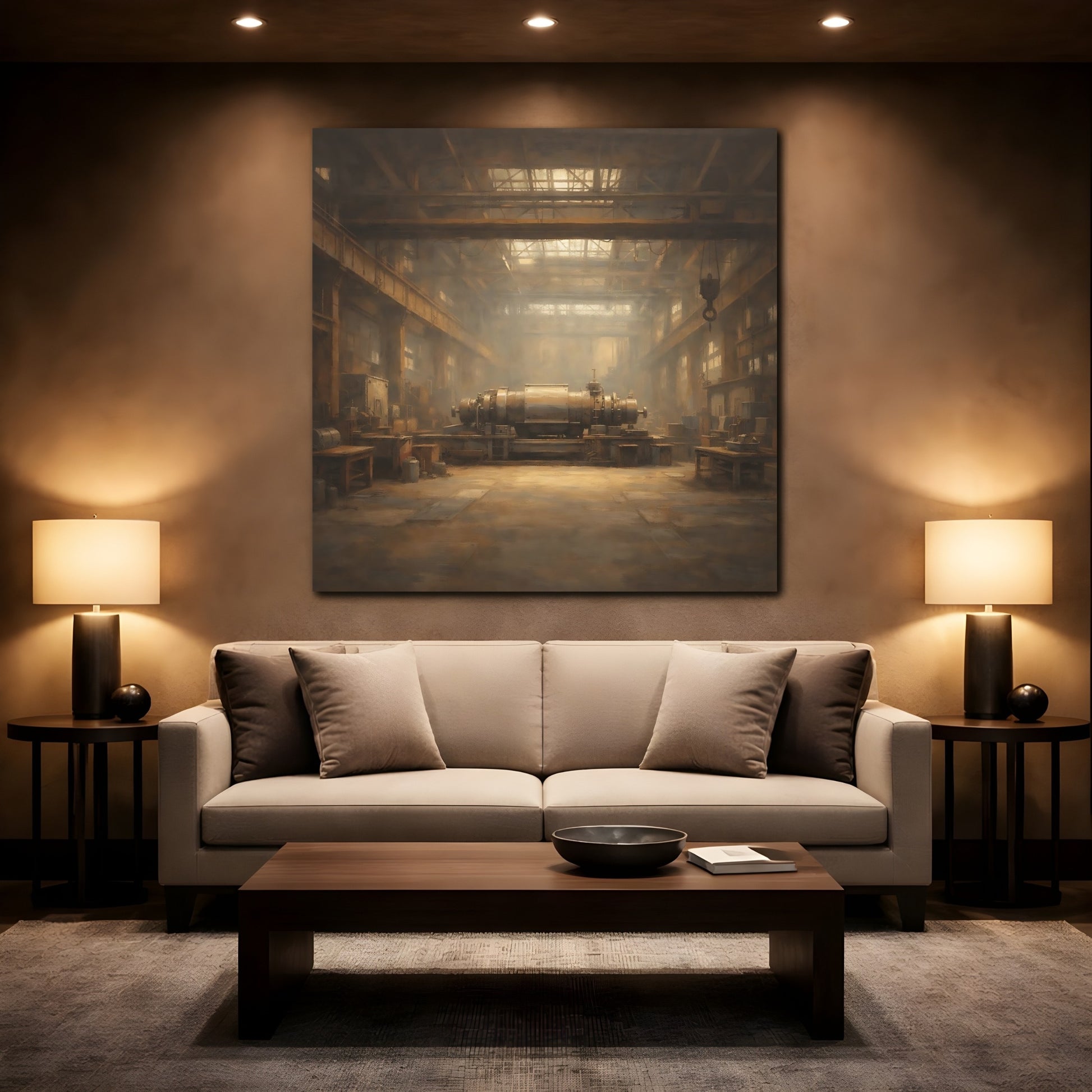 Mockup 2. Vintage Industrial Machinery Brown And Gold shown as stretched canvas wall art