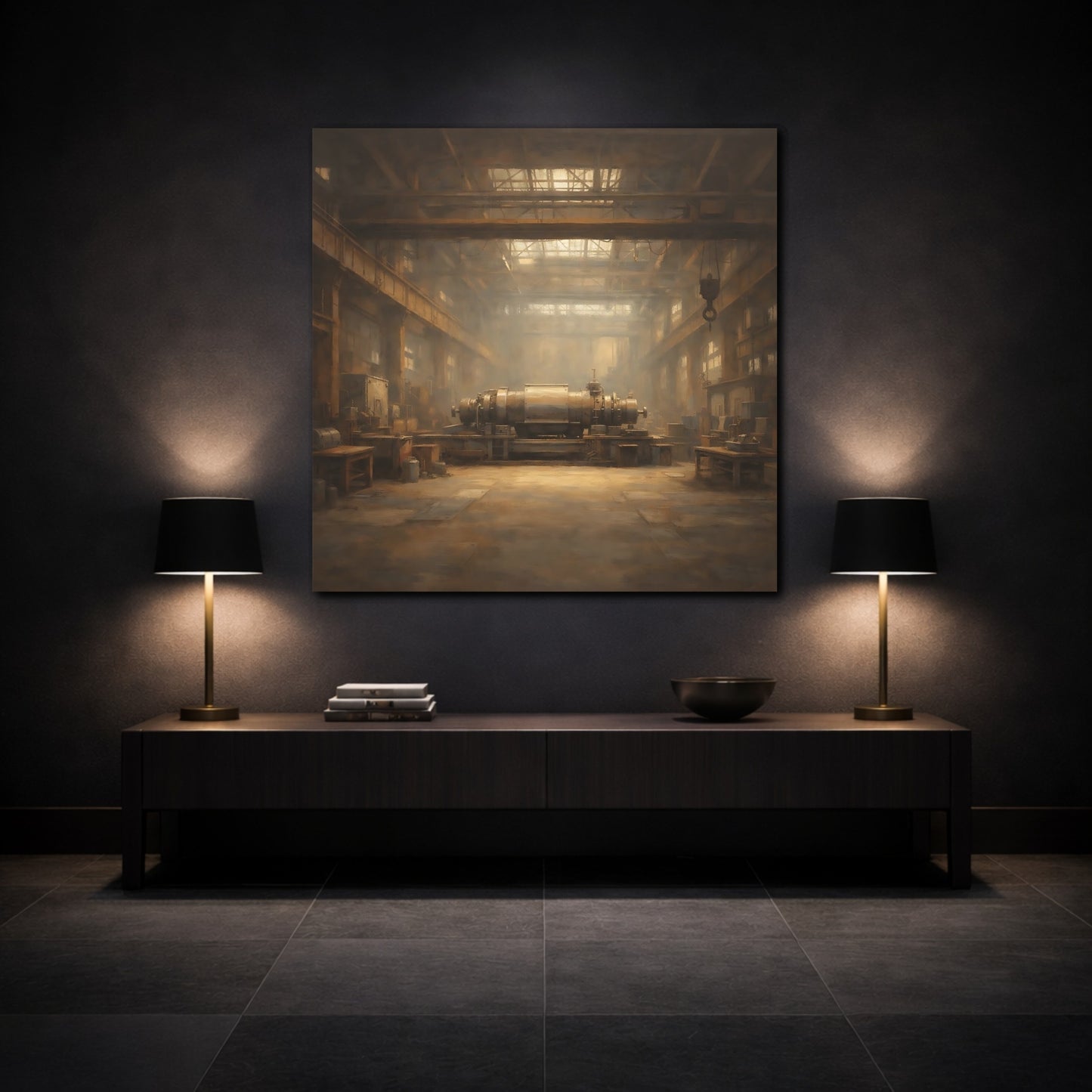 Mockup 3. Vintage Industrial Machinery Brown And Gold shown as stretched canvas wall art