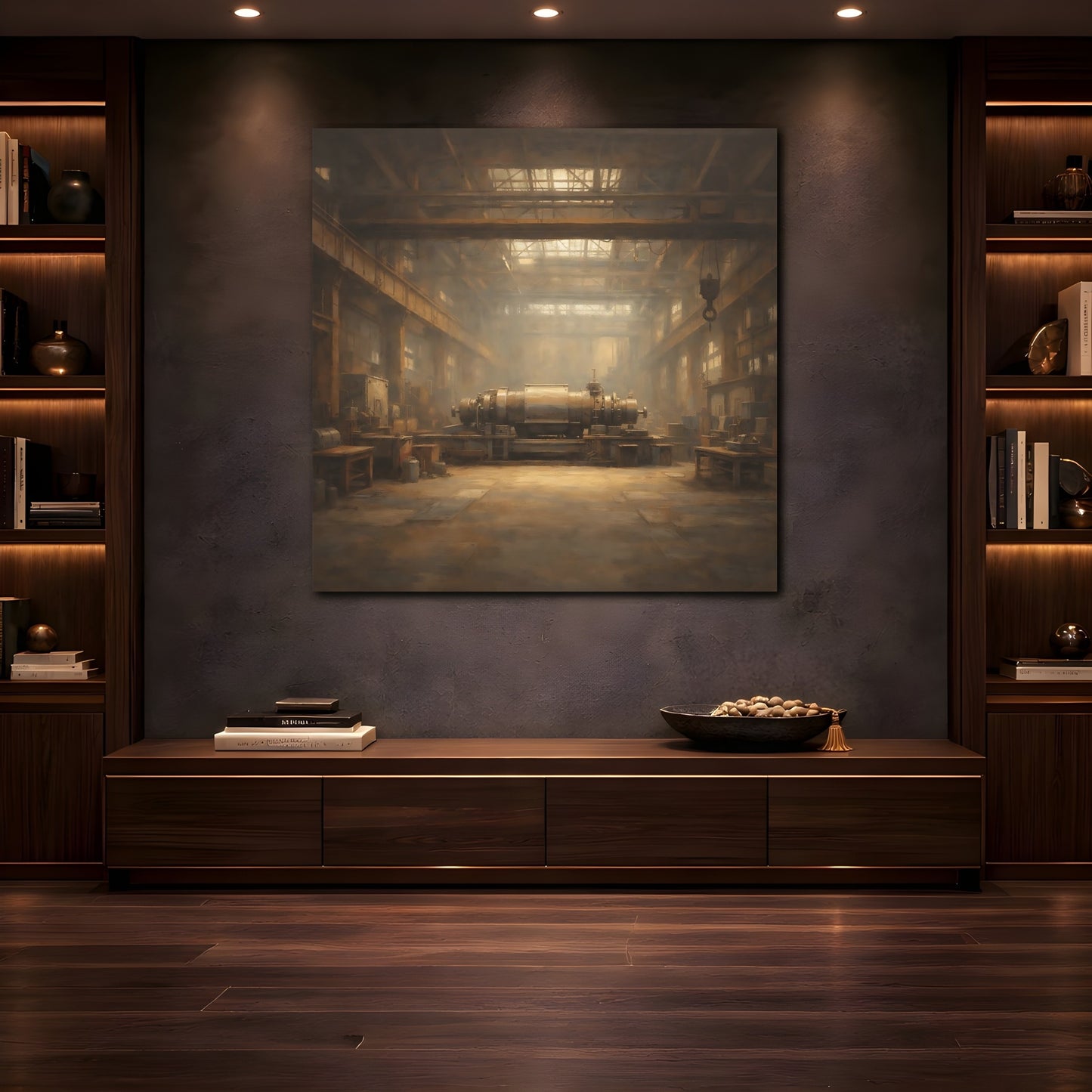 Mockup 4. Vintage Industrial Machinery Brown And Gold shown as stretched canvas wall art