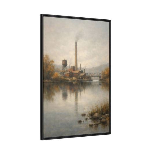 Main Mockup. Vintage Industrial River Brown And Grey shown as stretched canvas wall art