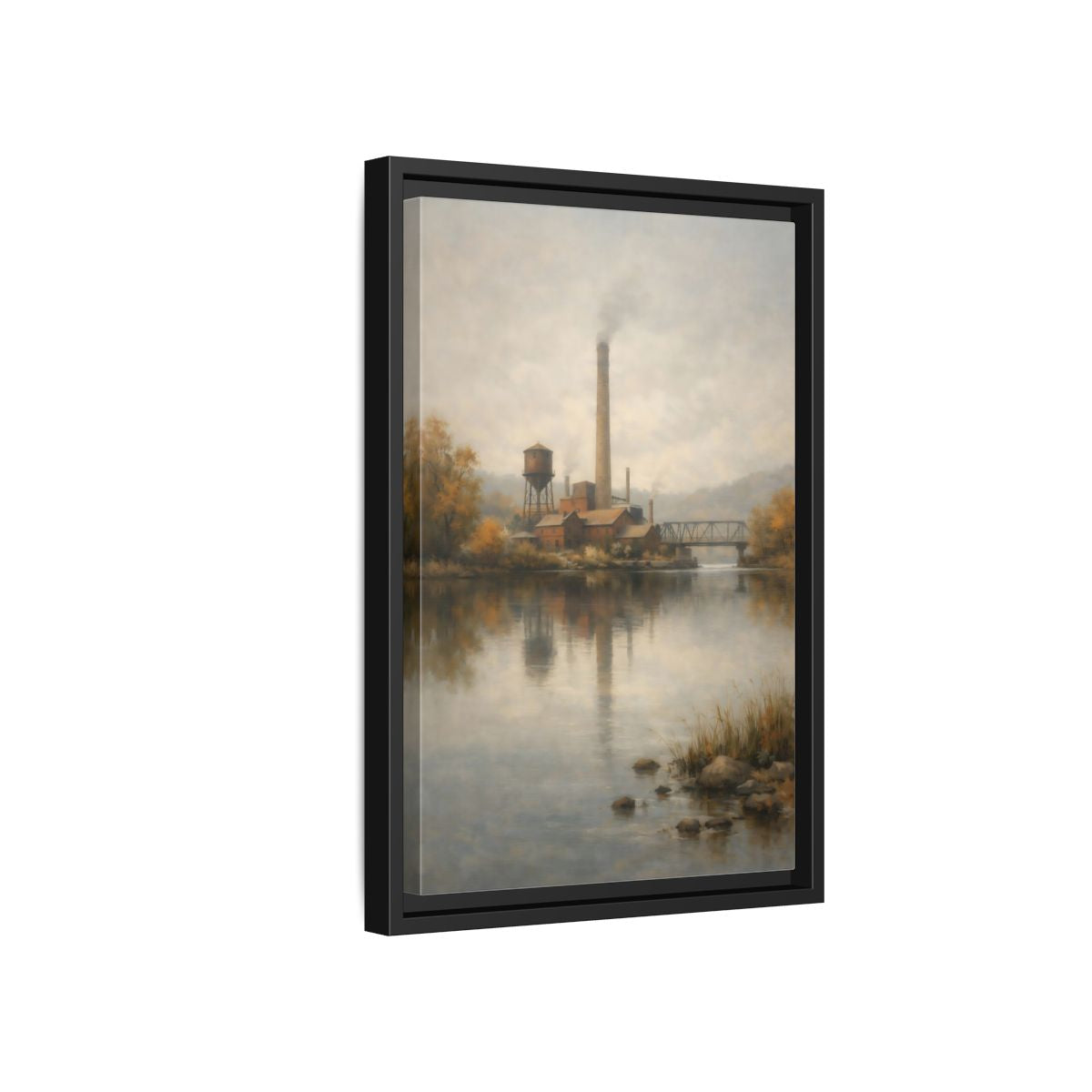 Side Mockup 6. Vintage Industrial River Brown And Grey shown as stretched canvas wall art
