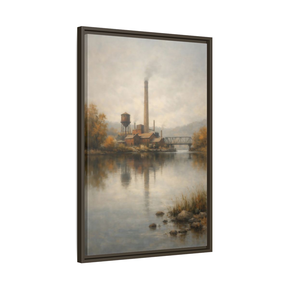 Side Mockup 12. Vintage Industrial River Brown And Grey shown as stretched canvas wall art