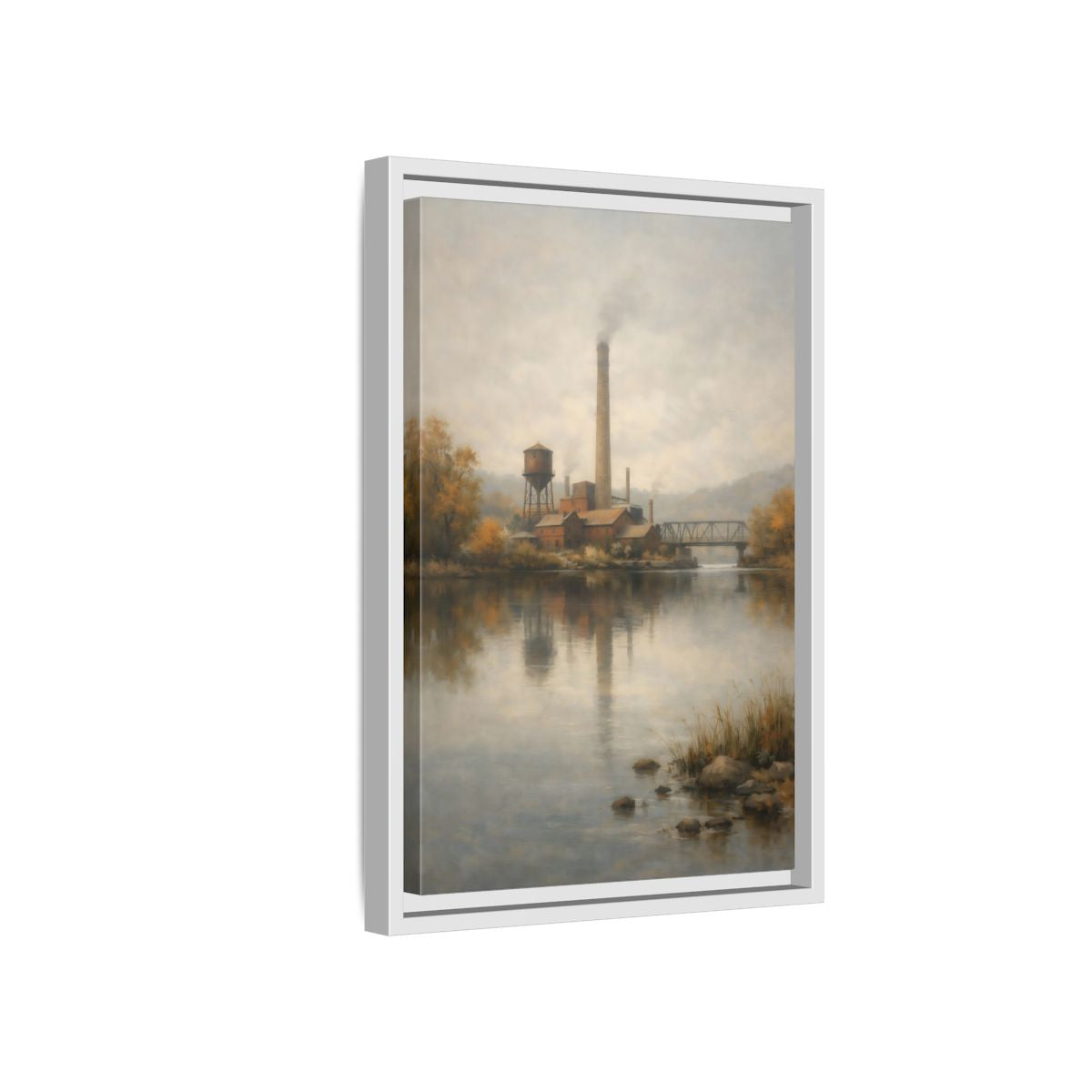 Side Mockup 4. Vintage Industrial River Brown And Grey shown as stretched canvas wall art