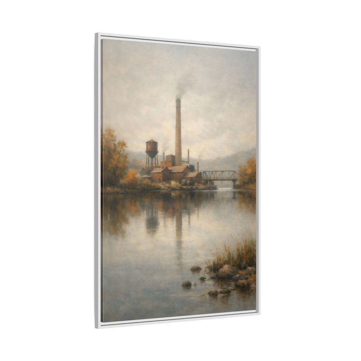 Side Mockup 7. Vintage Industrial River Brown And Grey shown as stretched canvas wall art
