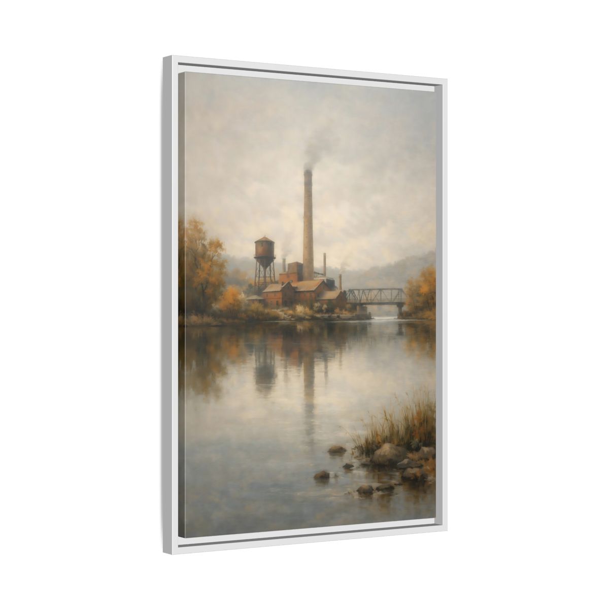 Side Mockup 11. Vintage Industrial River Brown And Grey shown as stretched canvas wall art
