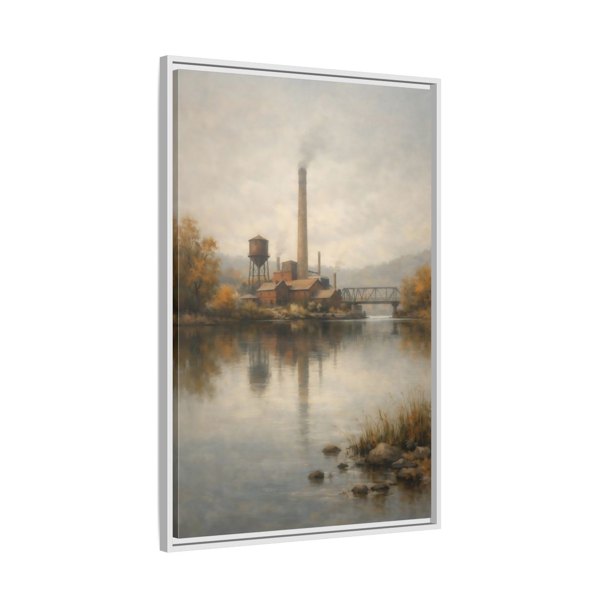 Side Mockup 9. Vintage Industrial River Brown And Grey shown as stretched canvas wall art