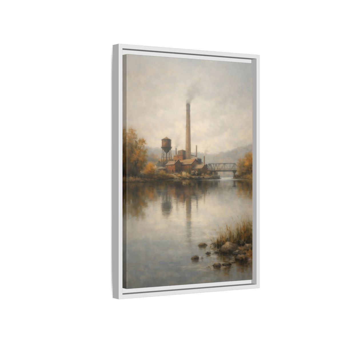 Side Mockup 1. Vintage Industrial River Brown And Grey shown as stretched canvas wall art