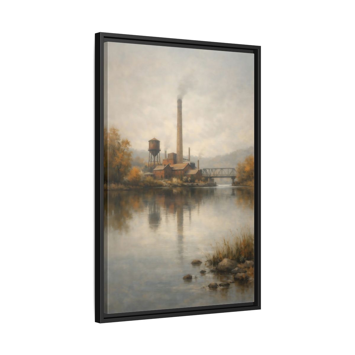Side Mockup 14. Vintage Industrial River Brown And Grey shown as stretched canvas wall art