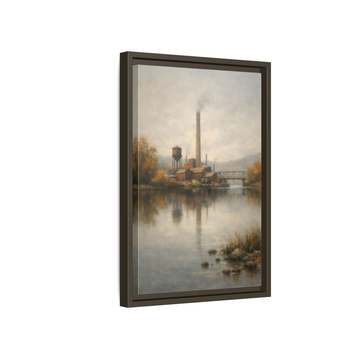 Side Mockup 5. Vintage Industrial River Brown And Grey shown as stretched canvas wall art