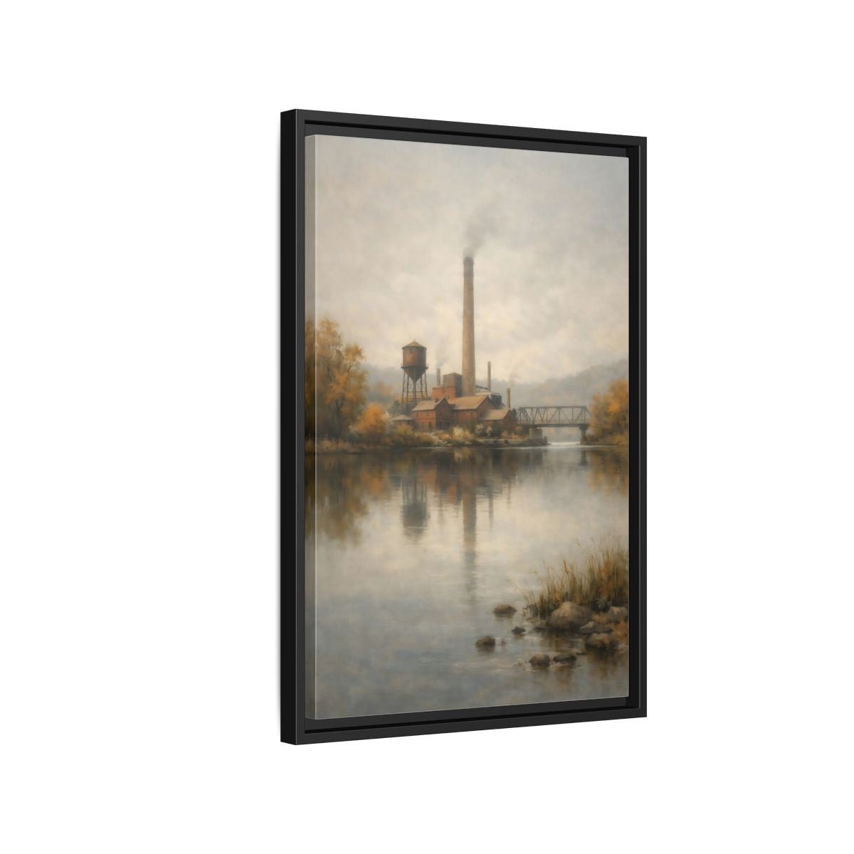 Side Mockup 3. Vintage Industrial River Brown And Grey shown as stretched canvas wall art