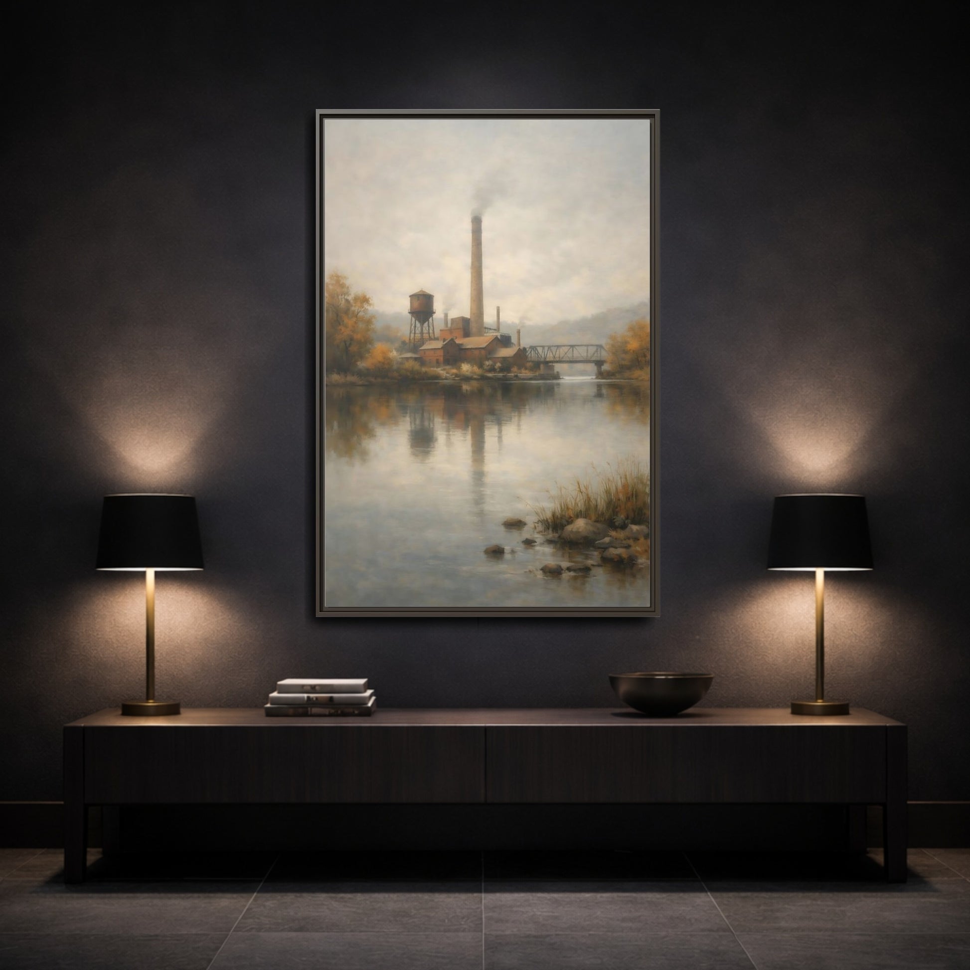 Mockup 2. Vintage Industrial River Brown And Grey shown as stretched canvas wall art