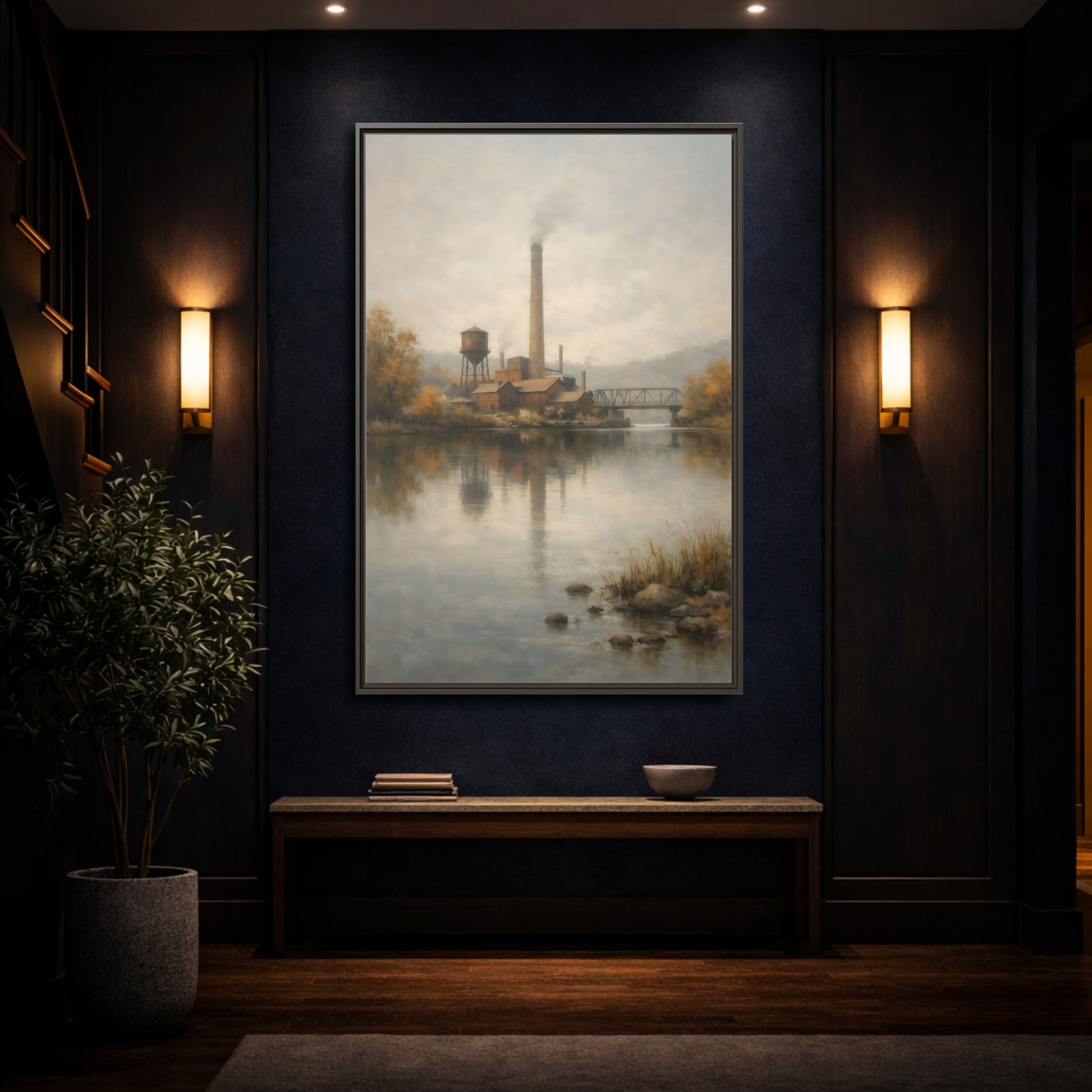 Mockup 3. Vintage Industrial River Brown And Grey shown as stretched canvas wall art