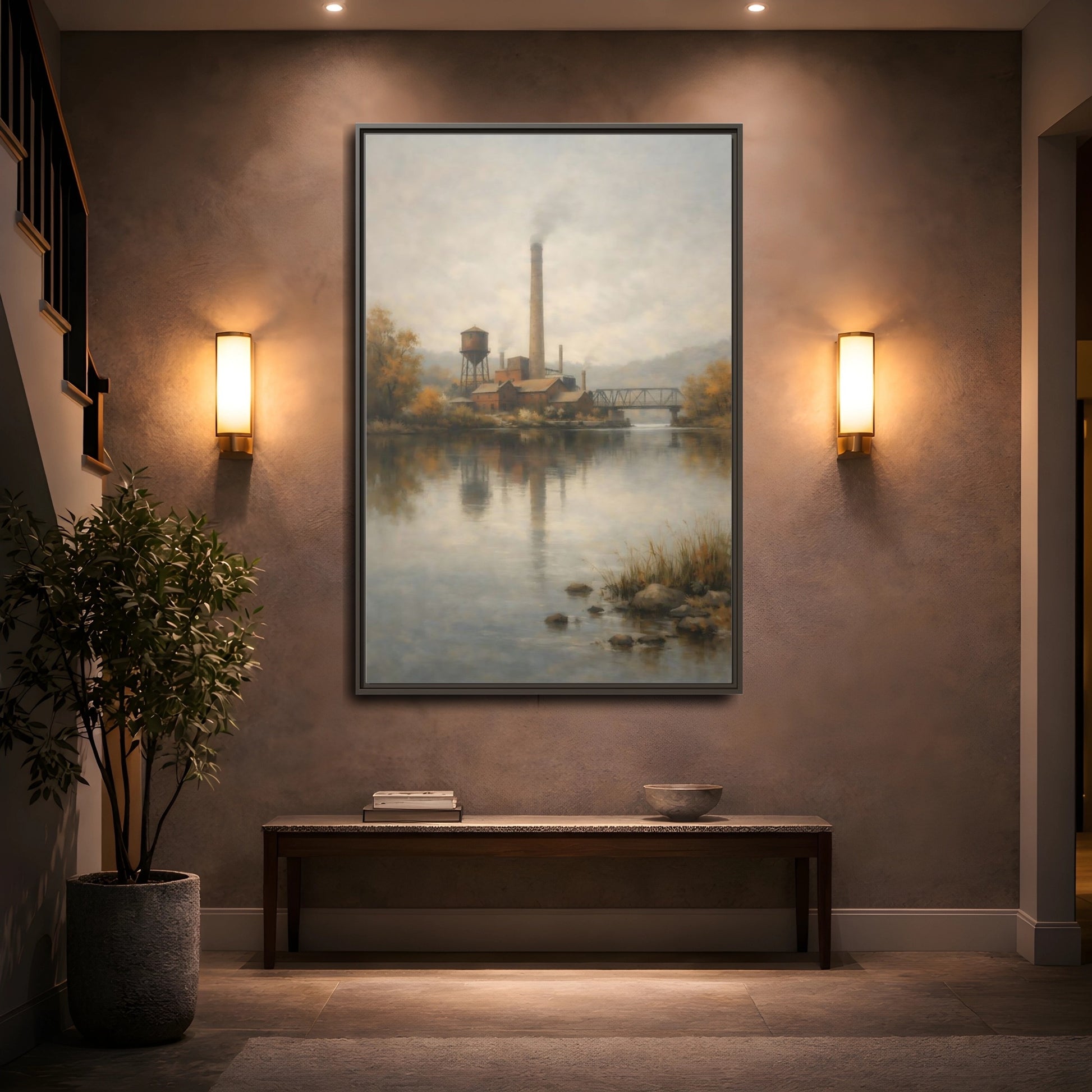 Mockup 4. Vintage Industrial River Brown And Grey shown as stretched canvas wall art