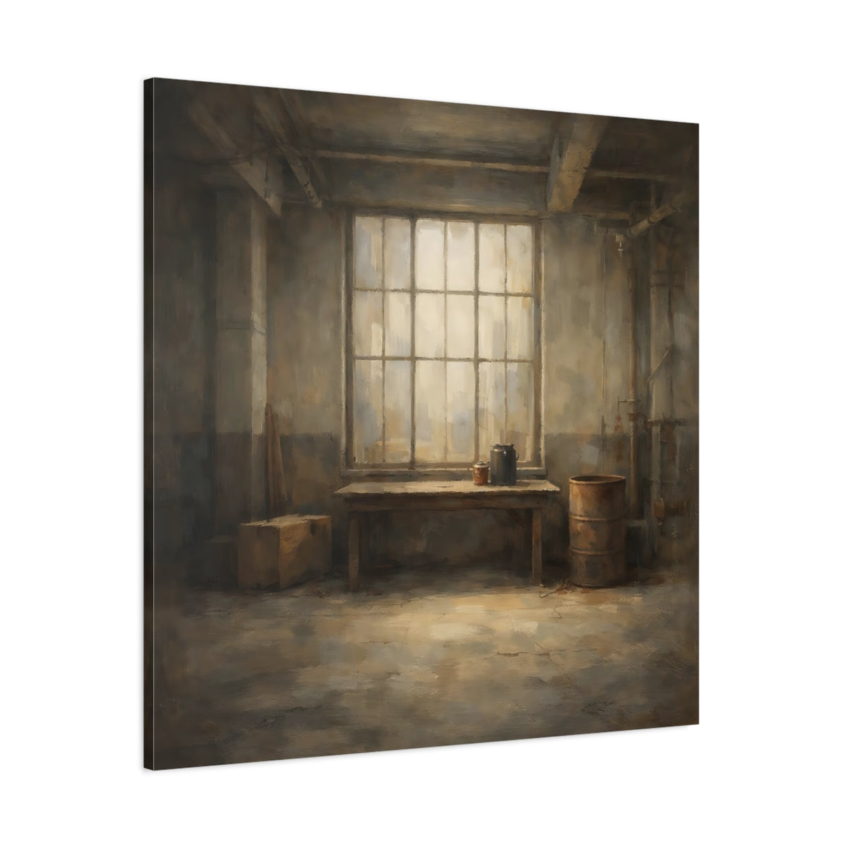 Main Mockup. Vintage Industrial Window Brown And Gray shown as stretched canvas wall art