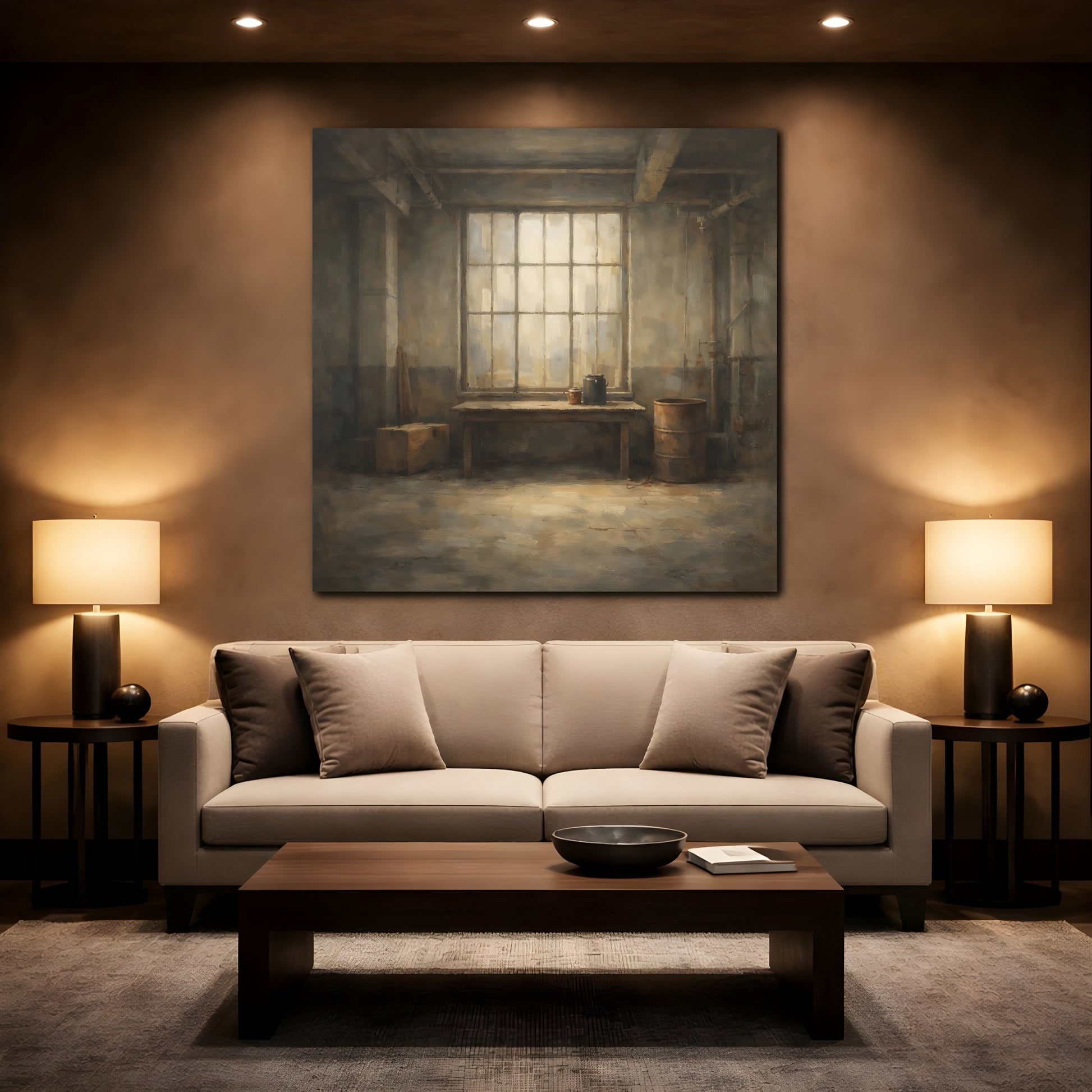 Mockup 2. Vintage Industrial Window Brown And Gray shown as stretched canvas wall art