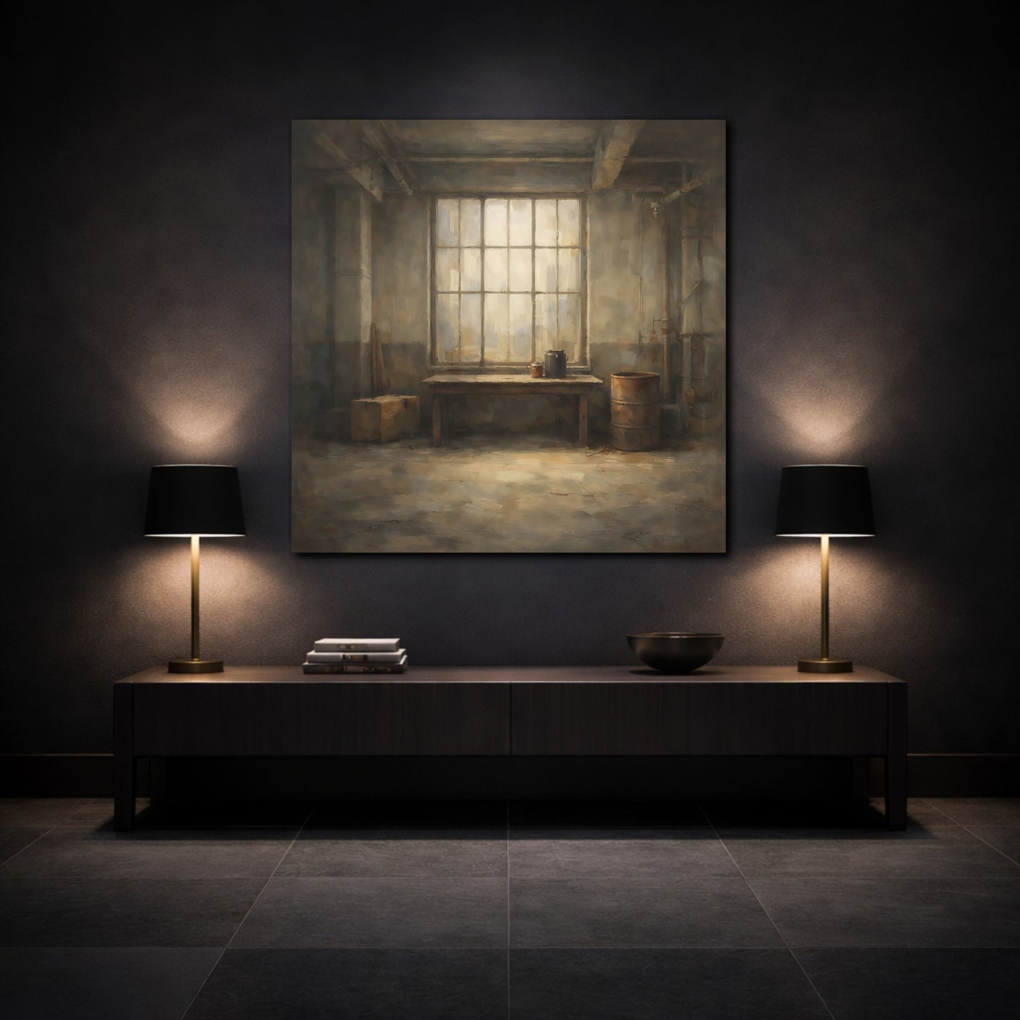 Mockup 3. Vintage Industrial Window Brown And Gray shown as stretched canvas wall art