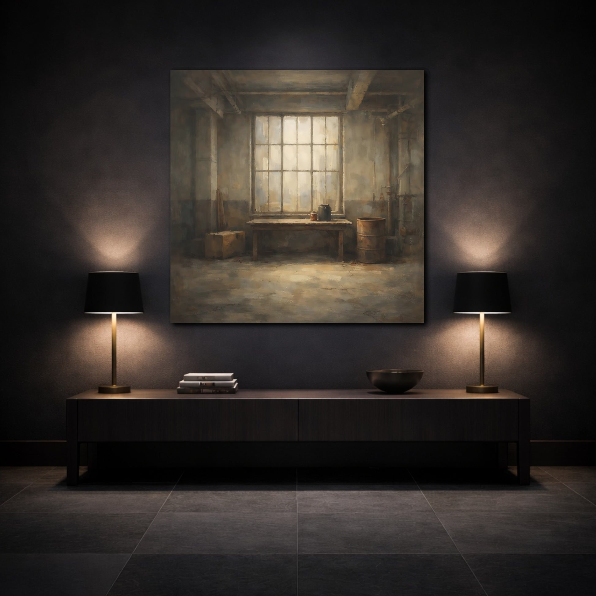 Mockup 3. Vintage Industrial Window Brown And Gray shown as stretched canvas wall art