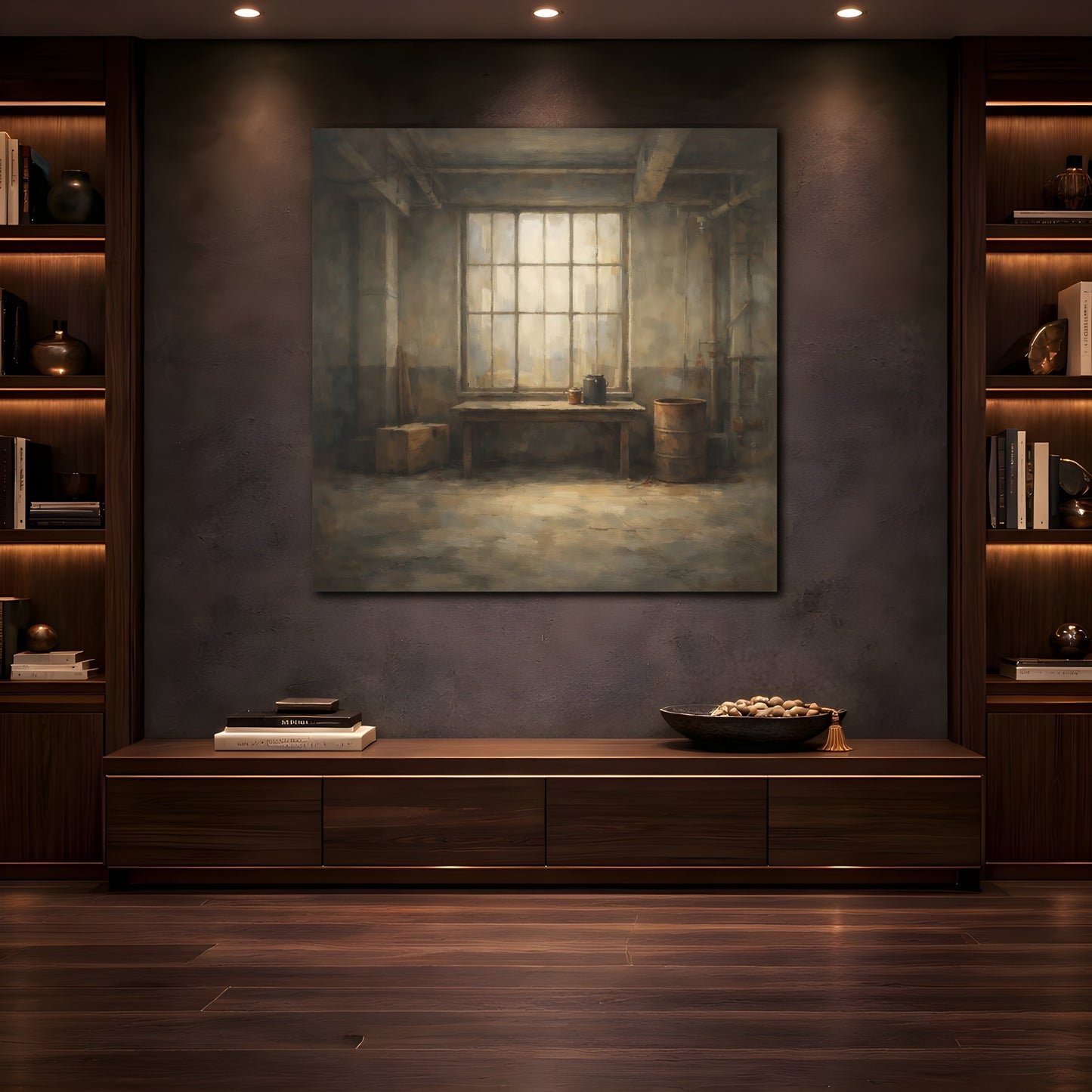 Mockup 4. Vintage Industrial Window Brown And Gray shown as stretched canvas wall art