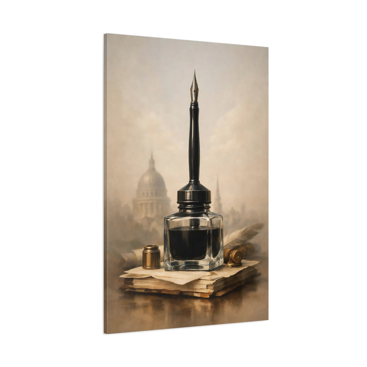 Main Mockup. Vintage Inkwell Brown And Gold shown as stretched canvas wall art
